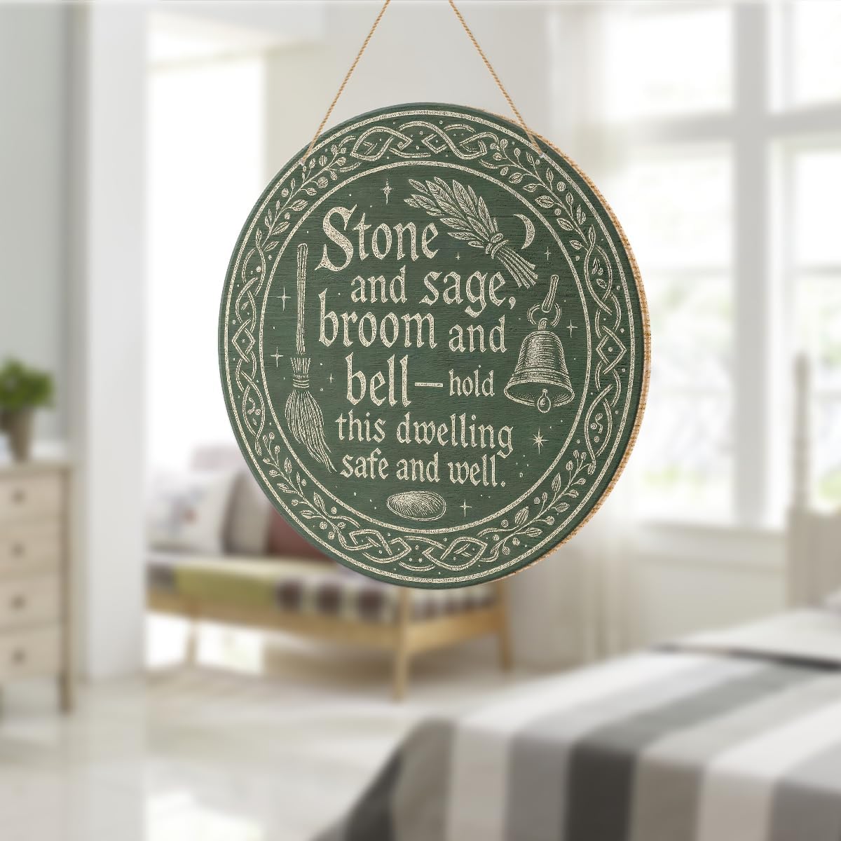 Wicca Witch Witchcraft Decor Witchy Halloween Decor House Blessing Wooden Sign for Home Office Kitchen Porch, Witchy Celtic Knot Sign Pagan Decorations, Stone and Sage Broom and Bell Signs