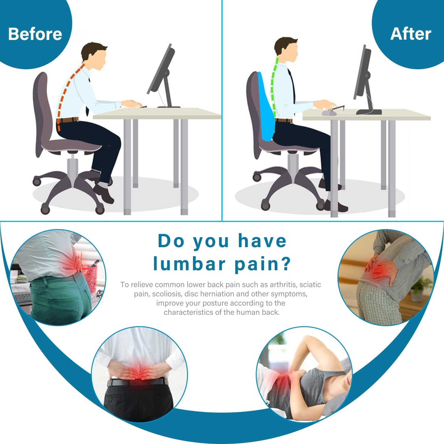 Lumbar Support Back Cushion,Lumbar Support Pillow for Chair and Car, Memory Foam Back Cushion for Back Pain Relief - Ideal Back Support for Office Chair,Carseat, Gaming Chair, : Office Products