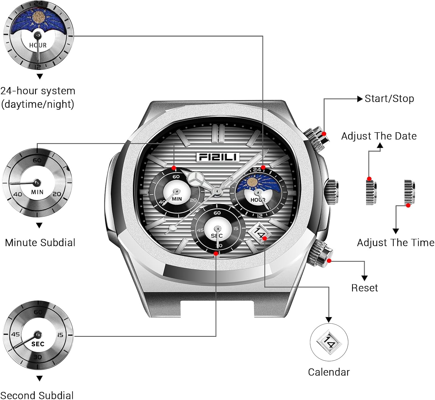 OXFANITE Men's Fashion Watch Stainless Steel Business Quartz Watches Luxury Waterproof Luminous Analog Display with Date Chronograph Multifunctional Watch - Image 3