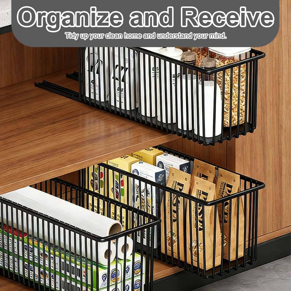 FARYODI 2 cassetti estraibili da cucina, 15,3 x 41 x 16 cm, cassetto telescopico, scaffale portaoggetti da cucina, cassetto estraibile, nero, non richiede fori e chiodi