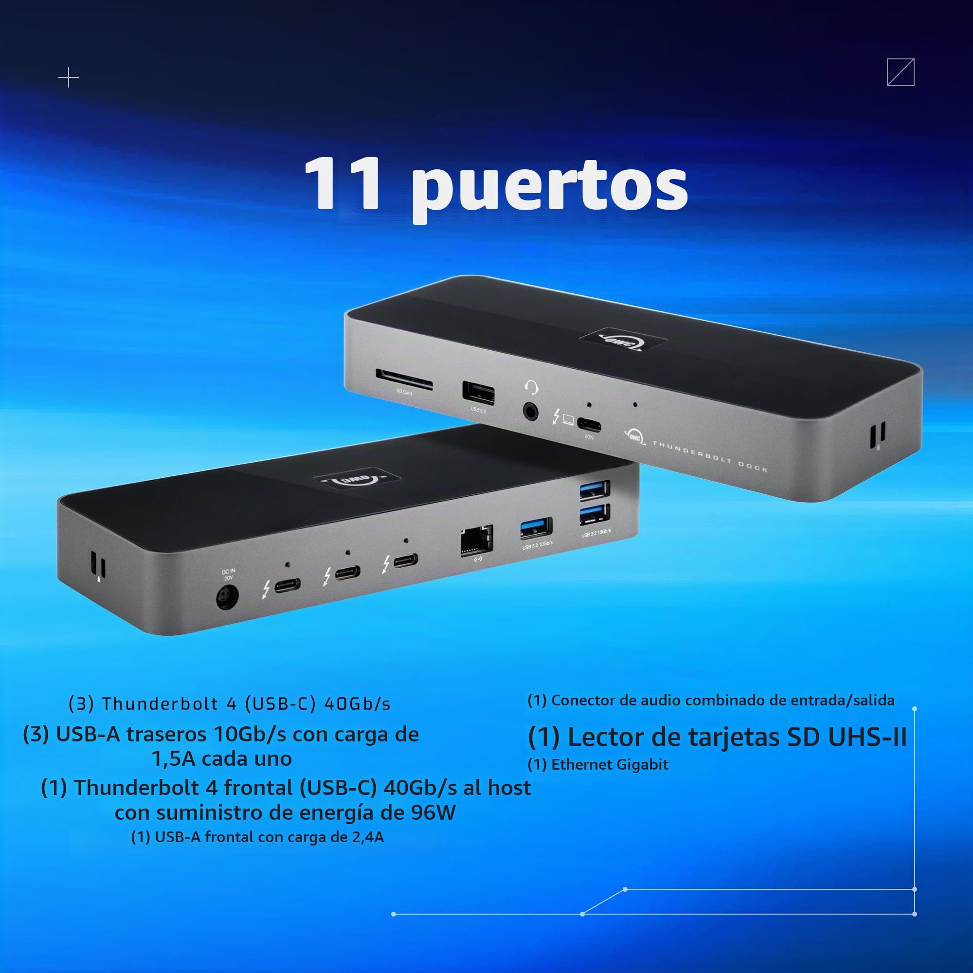OWC Thunderbolt Dock con 11 Puertos, Pantallas 8k, 2X 4k @ 60Hz, 1x 4k @ 120Hz, Gigabit Ethernet, 3X TB4 (USB-C), 3X USB Gen 2 Tipo-A, 1x USB 2, Cable Incluido, Space Grey | Base Thunderbolt 4, 40 Gb/s, carga de 96 W, 3 Thunderbolt 4, 3 USB A de 10 Gb/s,
