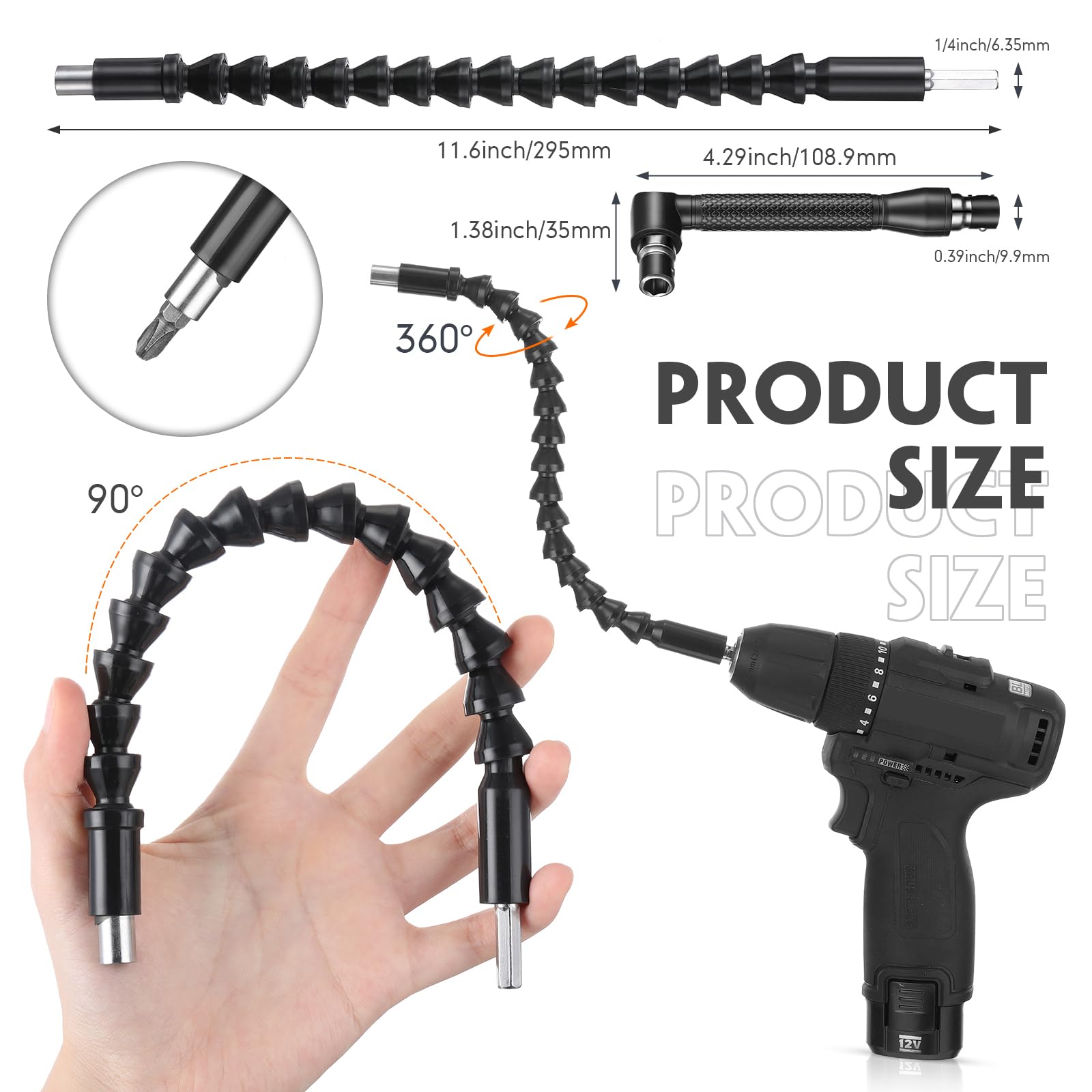 Juego de extensión de brocas flexibles de 32 piezas que incluye accesorio de taladro de ángulo recto de 105°, adaptador hexagonal de 1/4, 3/8, 1/2 pulgadas, extensor magnético flexible, destornillador