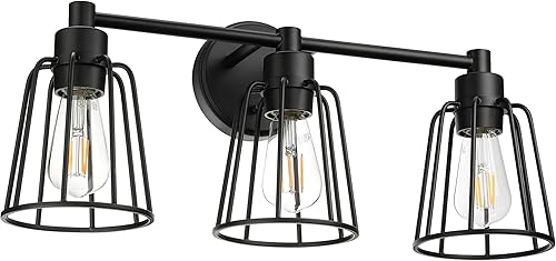 Miniatura 6 de XiNBEi Lighting XB-W1287-3-MB - Lámpara de baño de 3 luces, apliques industriales de jaula de metal para pared, acabado negro mate