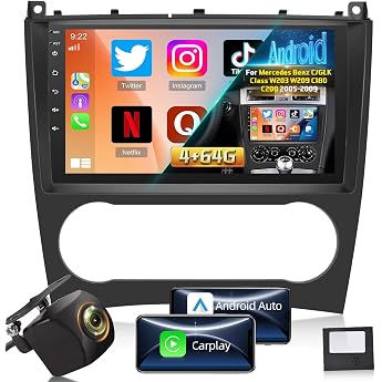 Android 4G+64G Autoradio f r Mercedes Benz C/GLK Klasse W203 W209 C180 C200 2005-2009 9 Zoll Touchscreen Radio mit Wireless Carplay & Android Auto/Bluetooth 5.0/WiFi/GPS/32EQ