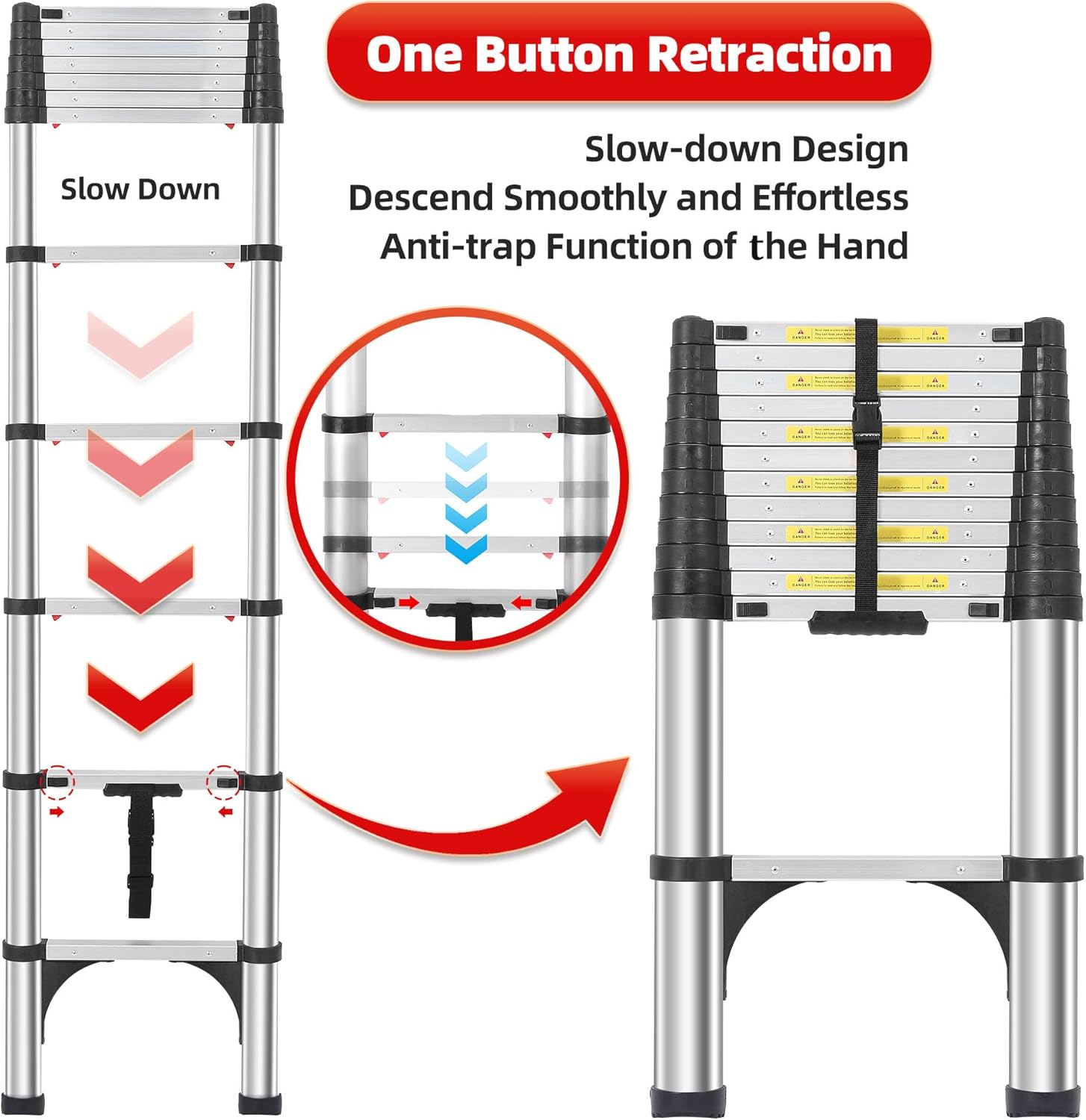 Telescoping Ladder 12.5 FT, Aluminum Lightweight Extension Ladder with 2 Detachable Hooks and 2 Triangle Stabilizers, Safety Lock Slow Down Design Collapsible Telescopic Ladder for Home & Outdoor