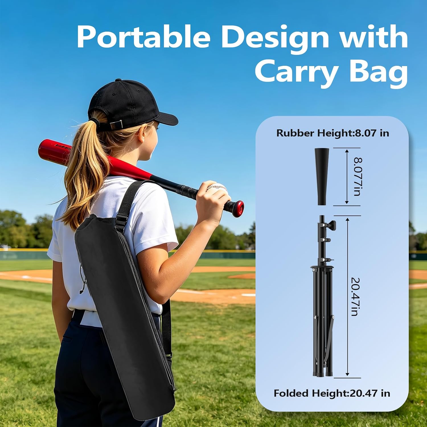 Adjustable Baseball Batting Tee, 31-46.5 in Portable Tee for Baseball and Softball Practice, Bat-Safe Rubber Top, for Backyard or Indoor Use