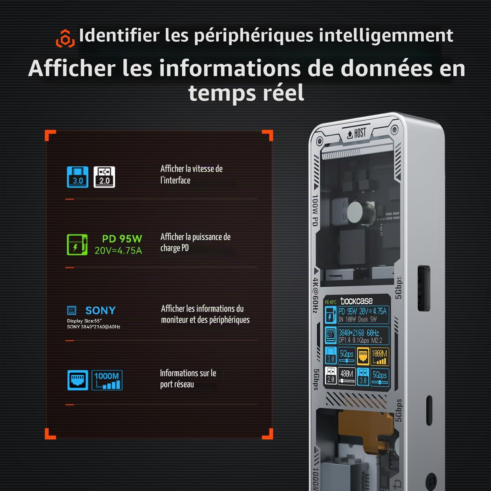 DOCKCASE Smart Hub USB C 6 en 1 Édition Explorer - Station d'Accueil HDMI 4k@60hz, PD 3.0 100w, Gigabit Ethernet, 2 USB-A 5 Gbps - Pour MacBook Air/Pro, XPS, etc - Argent