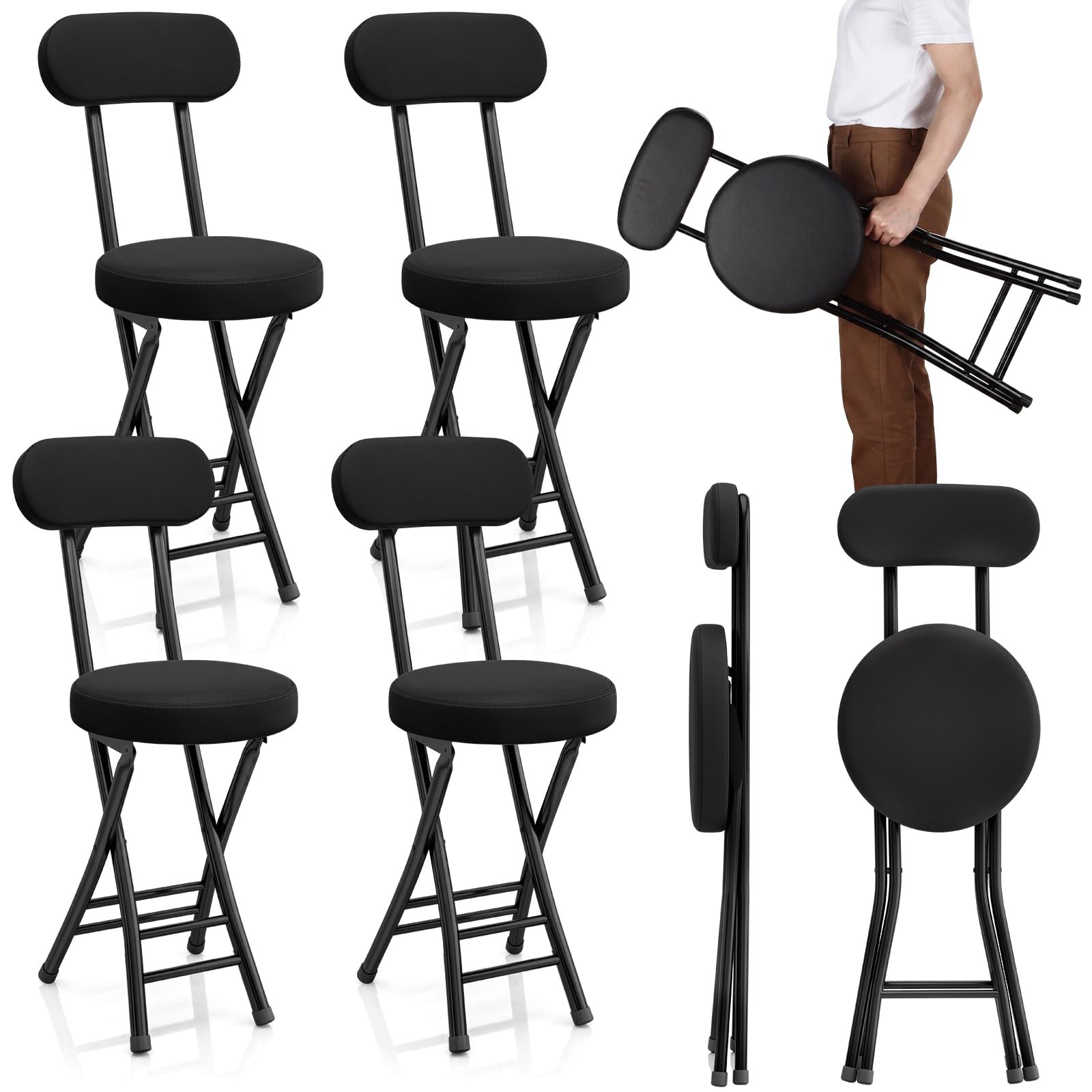 Photo 1 of 4 Pack Folding Bar Stool, Portable Cushioned Padded Folding Stool, Black