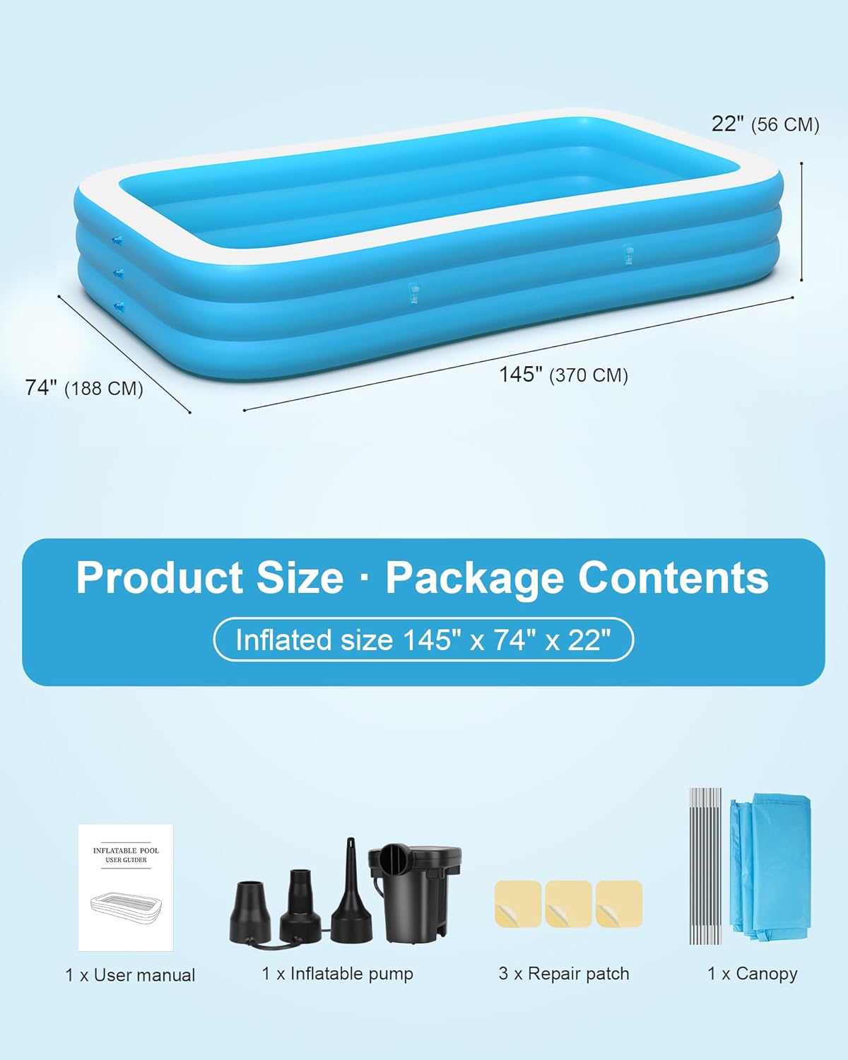 Large Inflatable Pool with Canopy, 145'' x 74'' x 22'' Inflatable Swimming Pool for Adults, Oversized 0.6MM Thickened Family Blow Up Pool for Backyard, Garden and Outdoor Fun