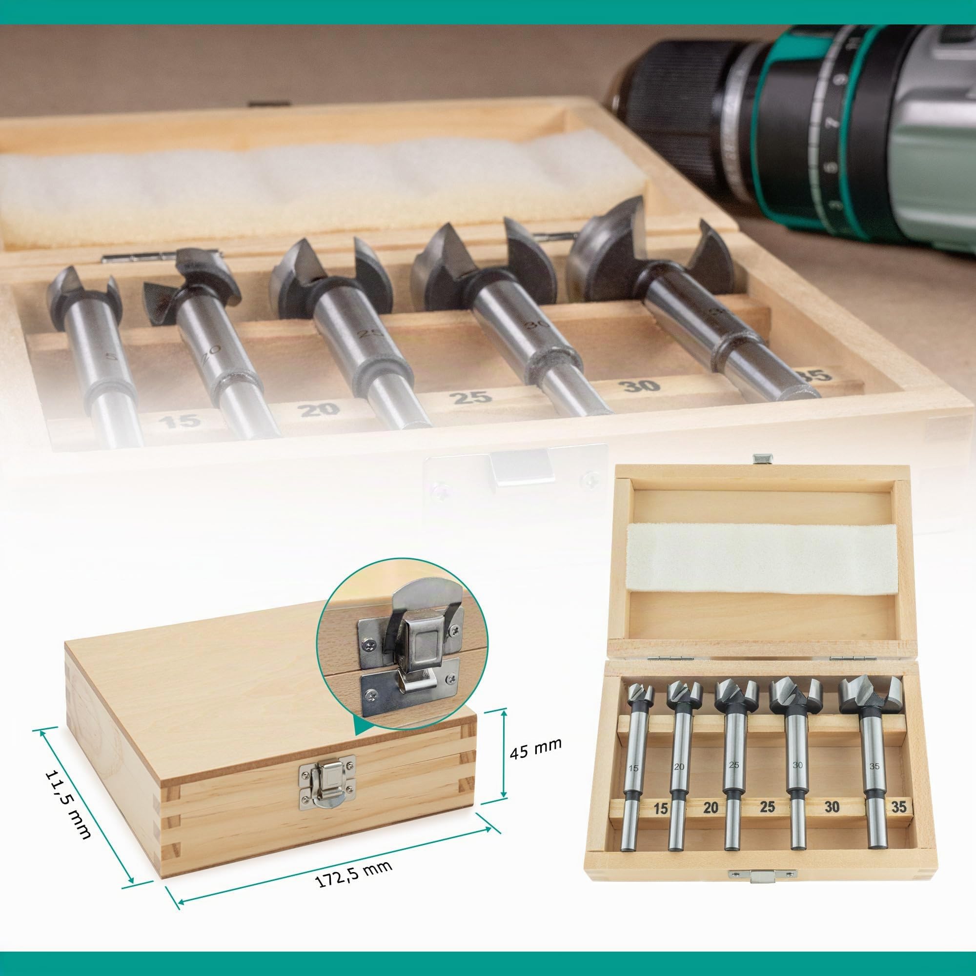 ENT 25100 Set de 5 mèches Forstner Ø 15–35 mm en acier à outils, pointe de centrage, pour trous borgnes, dans coffret en bois