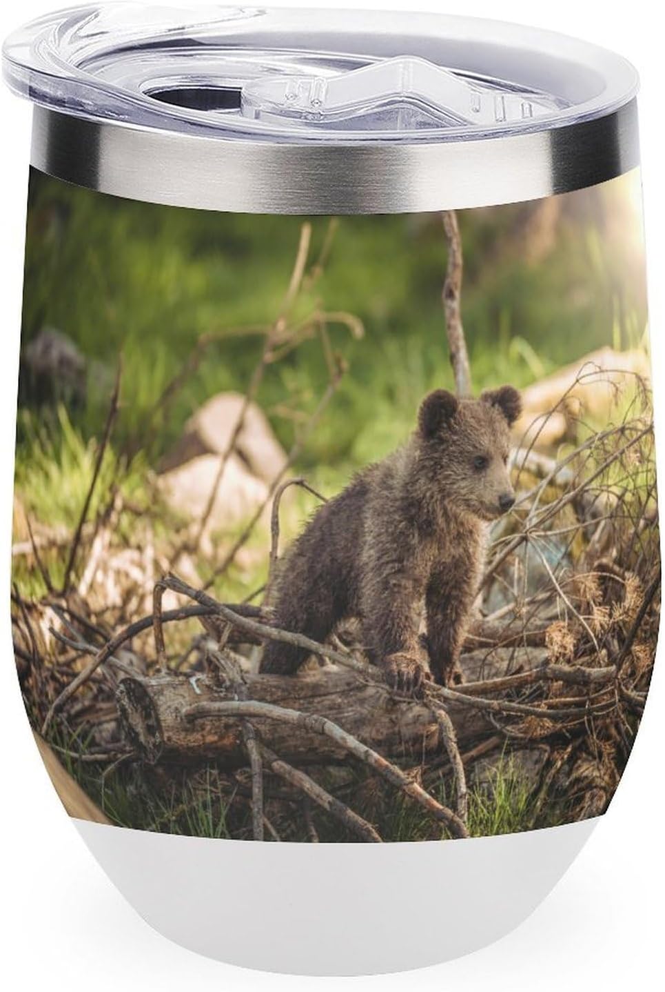 Bear with Brown Wood Insulated Drinking Cup Stainless Steel Coffee Mug Wine Tumbler with Lid 12OZ