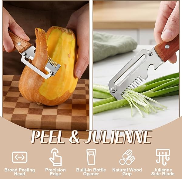 2026 Upgrade Vegetable Peeler With Wooden Handle, Stainless Steel Wide Blade Potato and Carrot Peeler, 3-in-1 Veggie Peeler With Scallion Shredder and Bottle Opener for Kitchen, Camping and Travel - 2