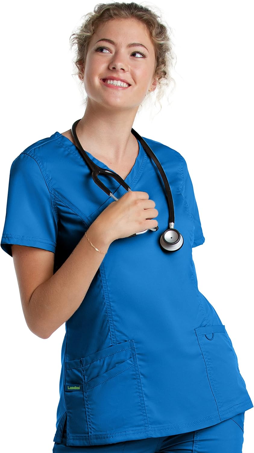 Landau Proflex Tailored Fit Stretch 3-Pocket Mock Wrap Scrub Top for Women 4161 Royal