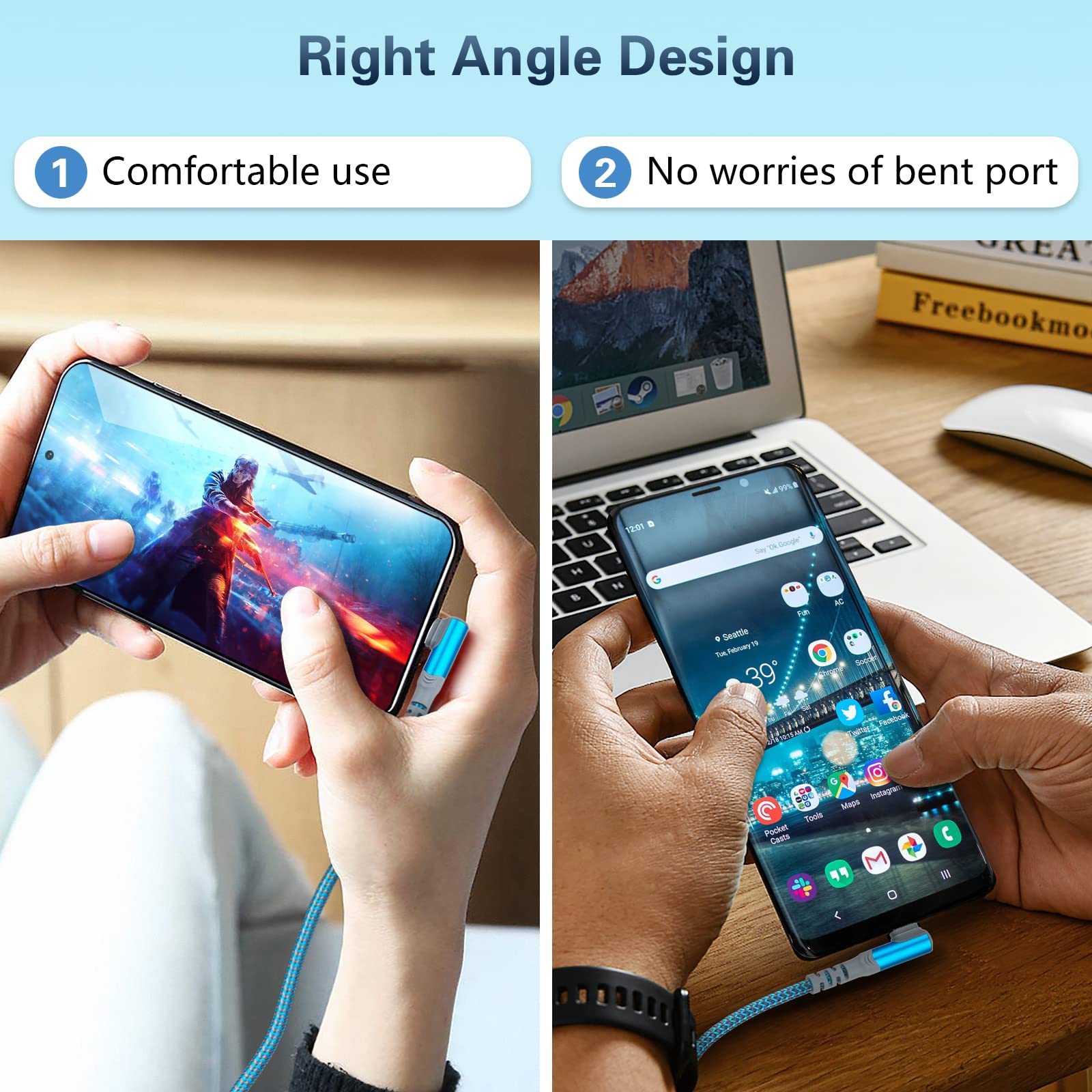 Confezione da 5: cavo da USB C a USB C, 3 m, extra lungo, ad angolo retto, 60 W/3 A, da tipo C a tipo C, cavo di ricarica veloce compatibile con Samsung S22 Ultra, Google Pixel 6, iPad Pro 12.9 Air