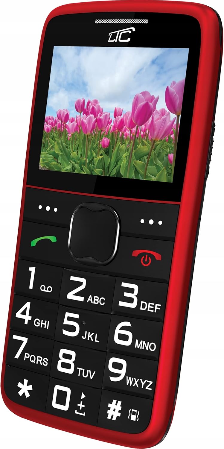 Frontal inclinat view of the LTC MOB20RED senior phone with a colorful image on the screen.