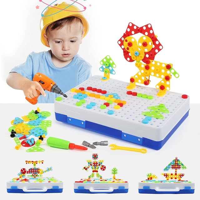 BelleStyle 237Pcs Design and Drill 3D Puzzle Mosaic Pegboard Imagination Creative Building Bricks Blocks Construction Toys Set with Screw Nuts Tools Educational Toys Birthday Gifts for Kids Girls Boys