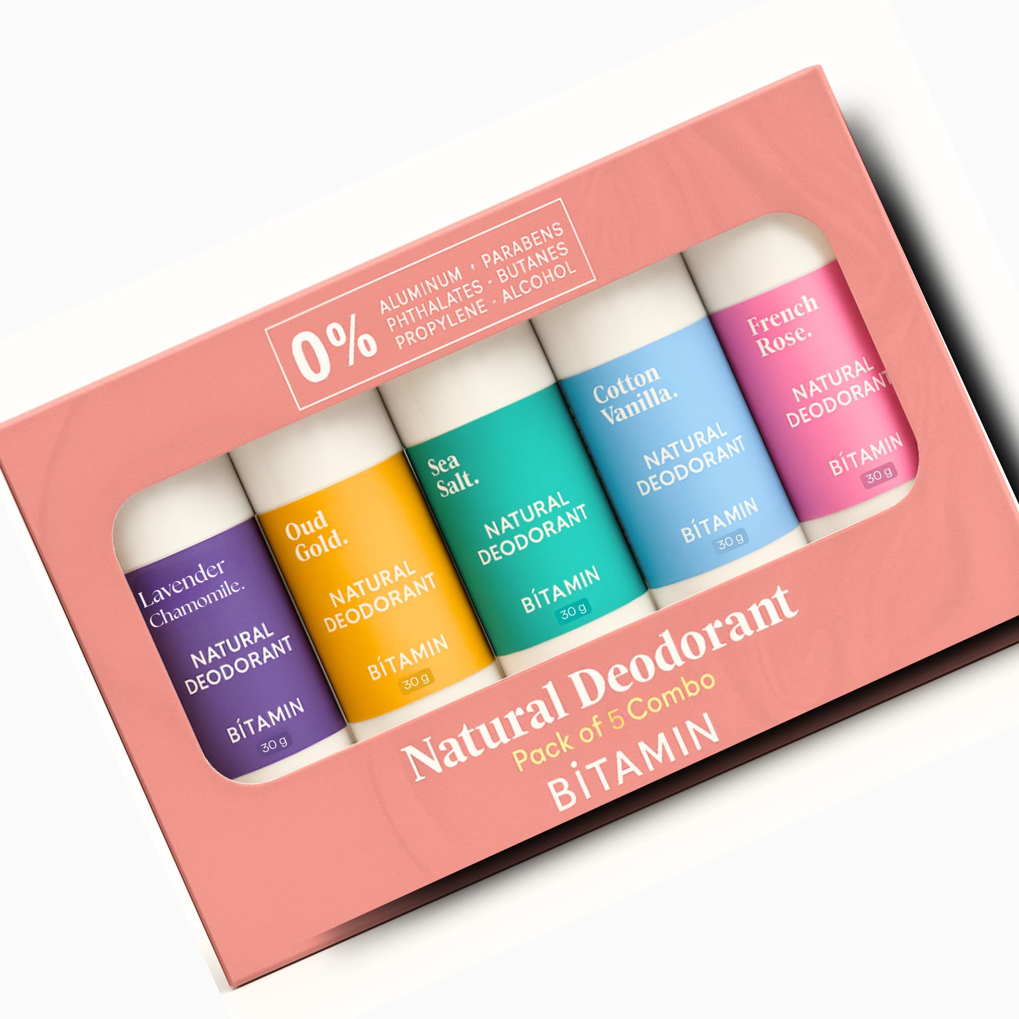 Bitamin Natural Deodorant Underarm Roll On with 5% Vitamin C | Natural Deodorant for Men & Women | Made in India | No Aluminium, No Alcohol, No Parabens & No Triclosan | 8 Hour Odour Control | 30g Each (Ultimate Gift Box pack of 5)