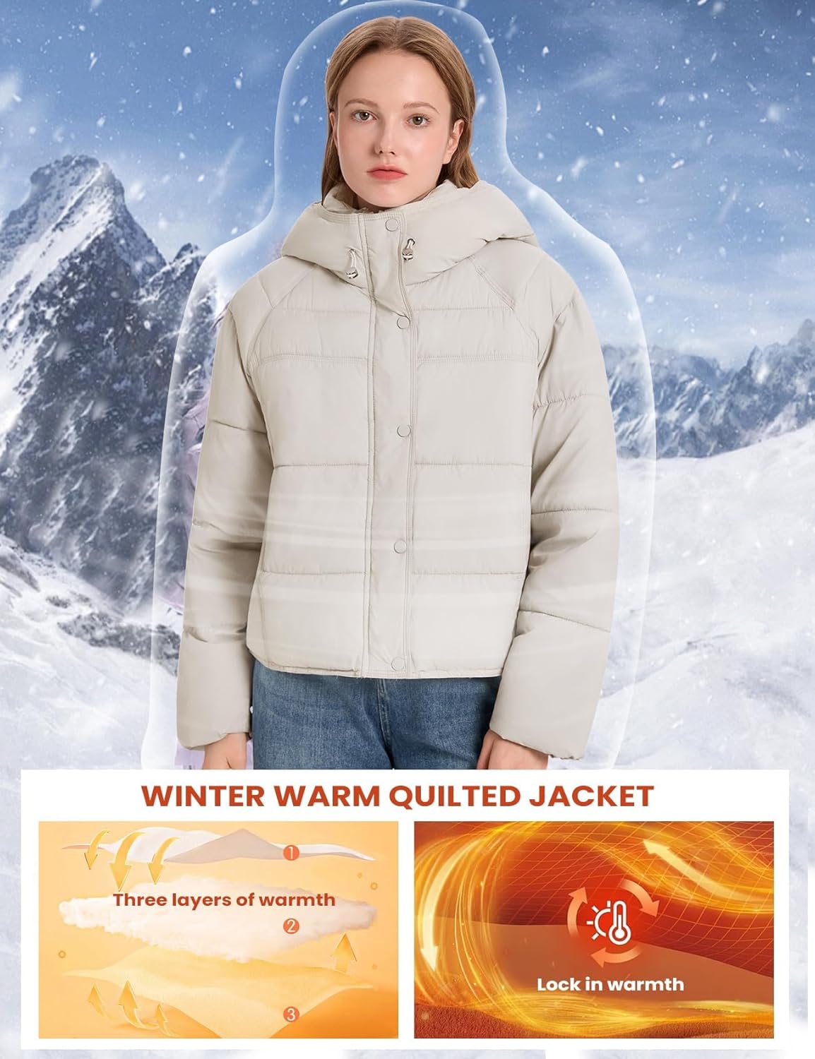 Gihuo Womens Quilted Puffer Jacket Winter Warm Hooded Bubble Coats Padded Jacket Long Sleeve Coat - Image 2