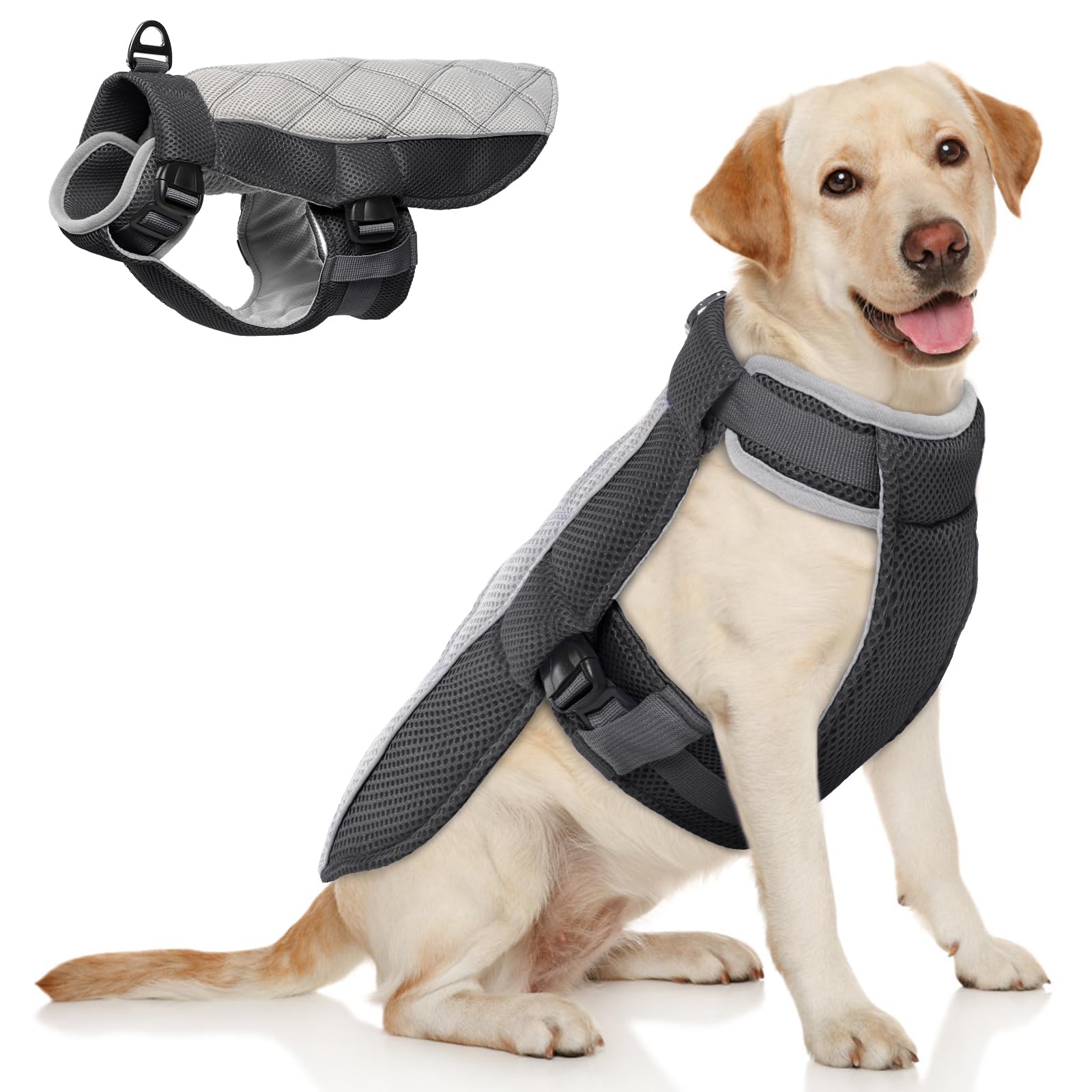 Kühlweste Hund, Sommer Kühlgeschirr für Hunde mit D-Ringe, Sonnenschutz Hund Kühlmantel, Kühlendes Hundegeschirr Hundekühlwesten für Heißen Sommertagen Outdoor Aktivitäten, Anthrazitgrau XL