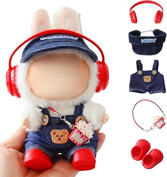 Clothes for Lu bubu 17cm DollsNo Doll Accessories, Stylish Kawaii Overalls Outfit Headphones Set 5 Pieces Suitable for 17cm Dolls , Doll Hat Headset Boots Clothing Set Replacement