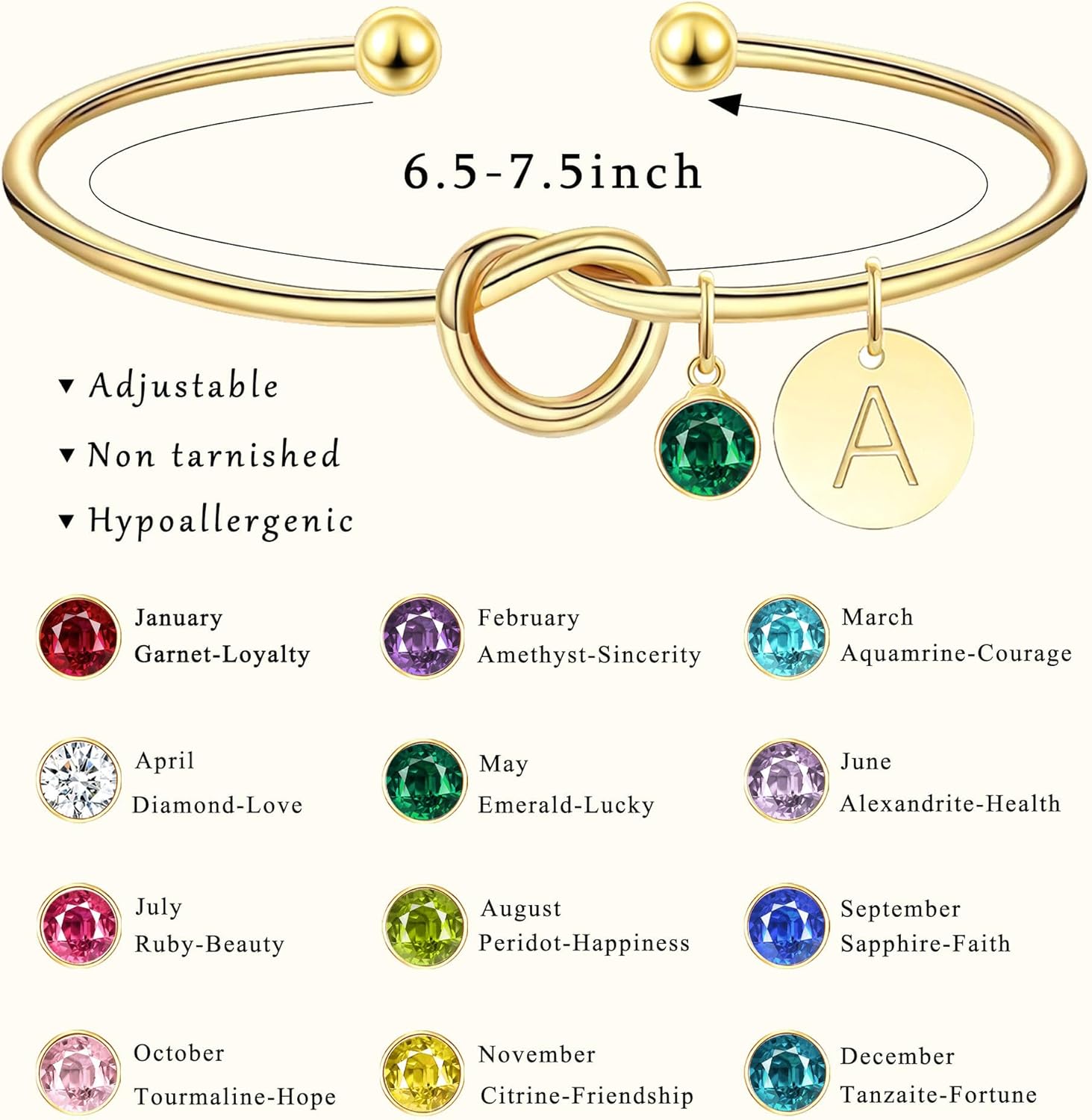 Valentine's Day Gift Initial Birthstone Gold Bracelets for Women Bridesmaid Proposal Gift Tie the Love Knot Cuff Bangle Bracelet 14K Gold Plated Adjustable Birthstone Bracelets Personalized Charm Birthday Gift - Image 4
