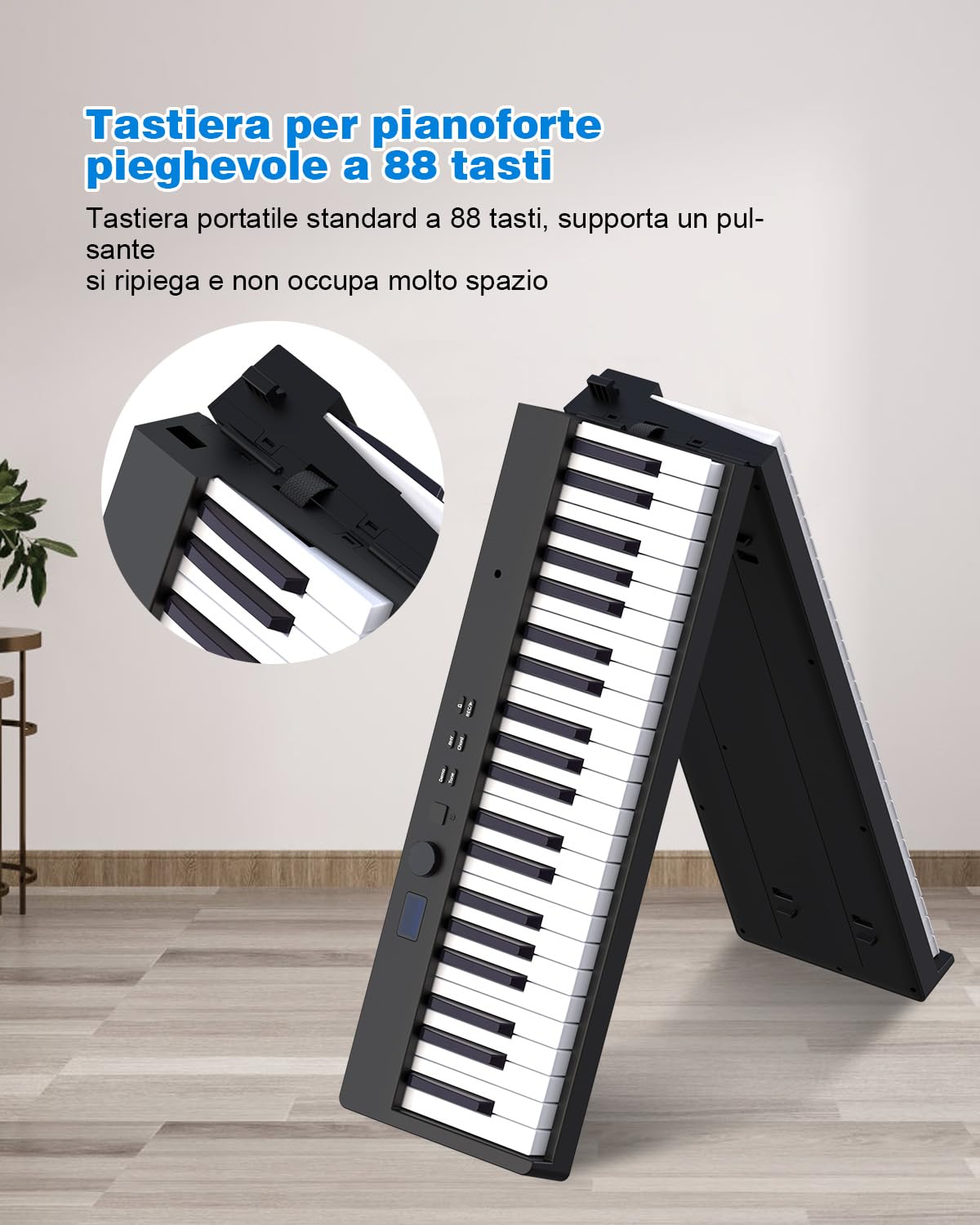 Pianoforte digitale pieghevole a 88 tasti, tastiera semiponderata di dimensioni originali, Bluetooth MIDI, pianoforte elettrico portatile con pedale di sostegno, leggio e borsa per il trasporto