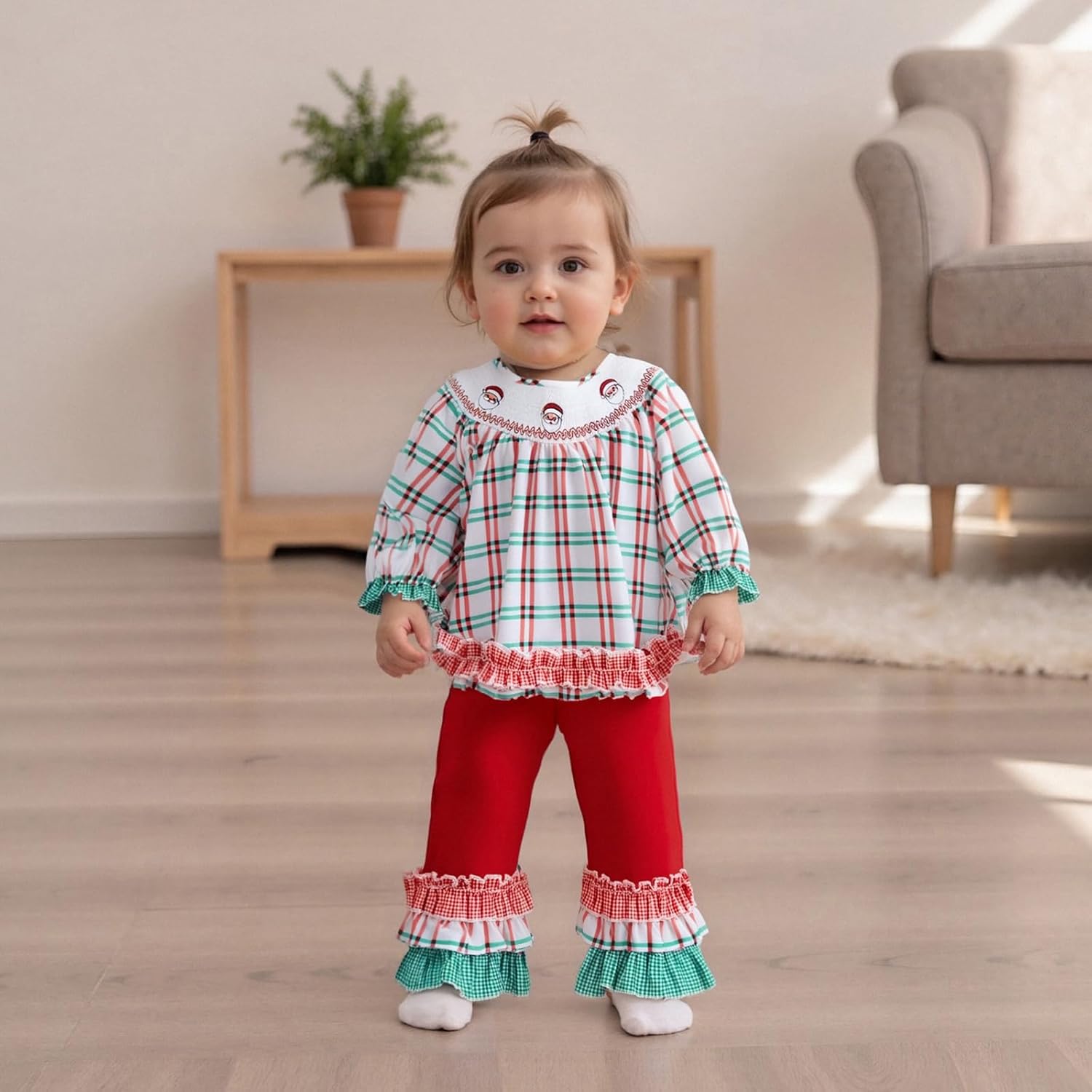 Toddler Girl Christmas Outfits Tree Santa Embroidery Shirts Tunic Top and Ruffle Pant 2Piece Holiday Clothes Set - Image 3
