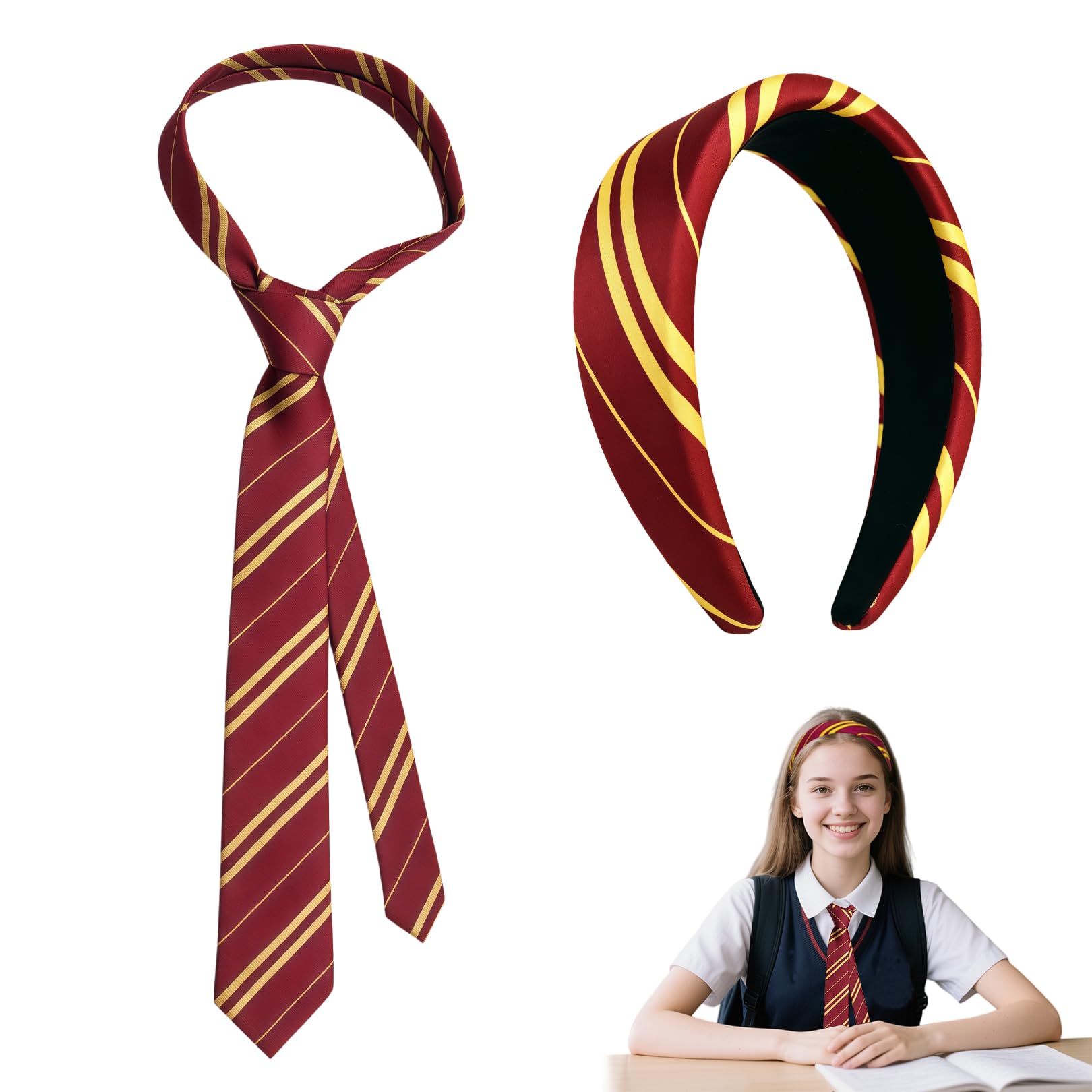 Wizard Costume Accessories Set, Burgundy Red and Yellow Stripe Headband and Tie, Fancy Dress Cosplay Outfit for Adults Kids,for World Book Day School Events Halloween Party Role Play Uniform