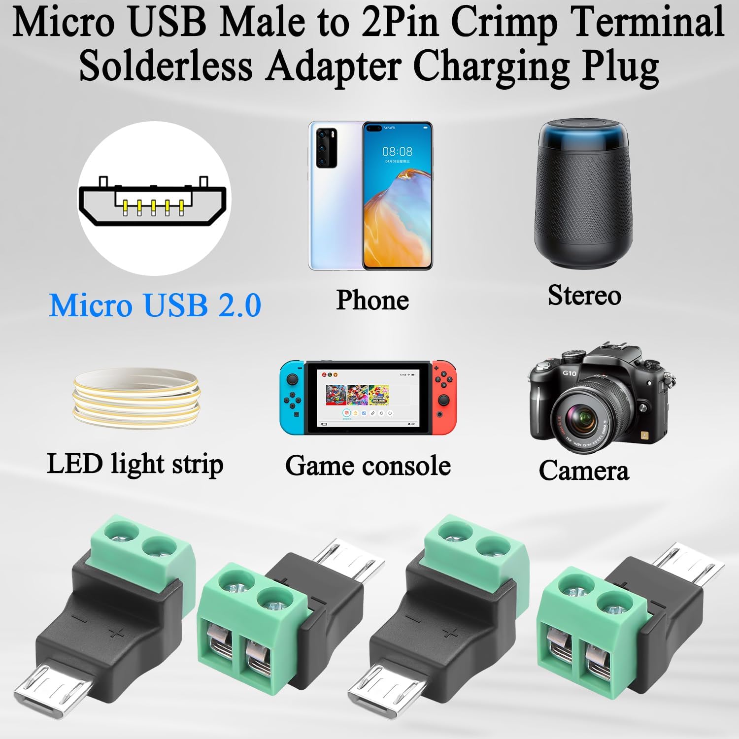 QIANRENON Micro USB 2Pin Solderless Charging Connector Micro u-s-b Male to 2Pin Crimp Adapter 5V 3A MicroUSB 2.0 Screw Terminal Solderless Plug, Can't Data Transfer, for DIY Repair Micro-USB, 4Pcs