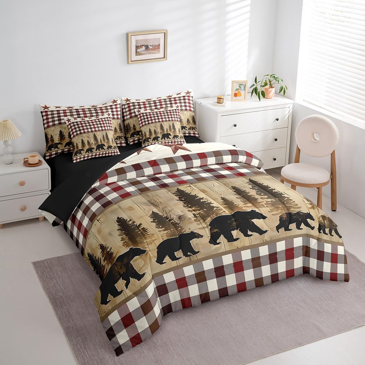Rustic Bear 7 Piece Bedding Set Queen Size,Curtain Farmhouse Cabin Country Hunting Comforter Set With Sheets Red Brown Buffalo Plaid Bed In A Bag Woodland Wild Animal Bed Set For Kids Teen Adults