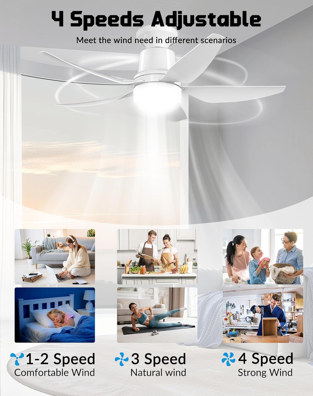 30" Socket Fan Light with Remote, Ceiling Fans with Light, Low Profile Flush Mount Ceiling Fan, 4 Speeds, 3000K-6000K Dimmable LED, Quiet Energy-Saving Motor, E26 Easy Install for Bedroom, Living Room