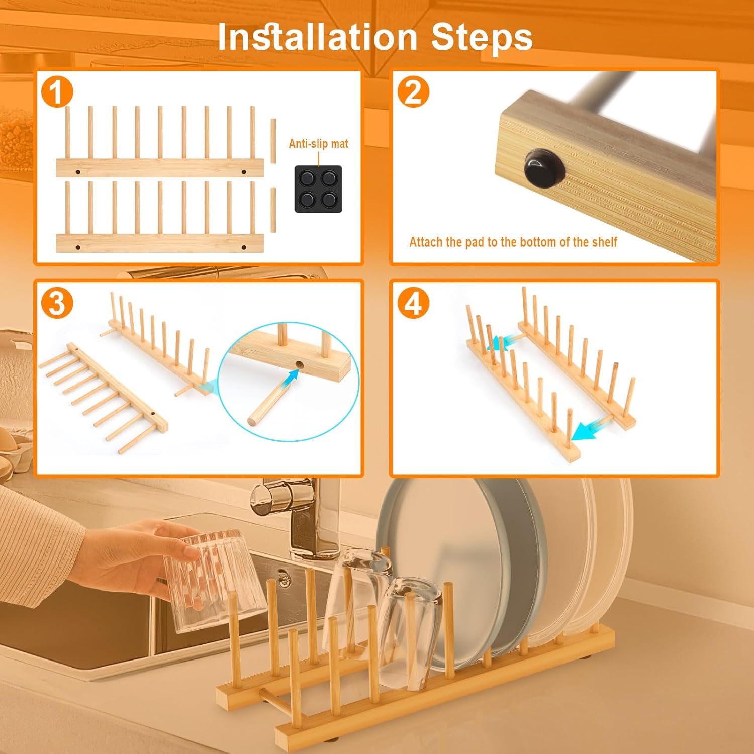 Bamboo Dish Drying Rack for Kitchen Organizer-Sturdy Plate Rack Organizer with Natural Bamboo,Dish Rack Holds Plates, Bowls, Cups & Cutting Boards-Dish Drying Rack for Countertop & Cabinets - Image 7