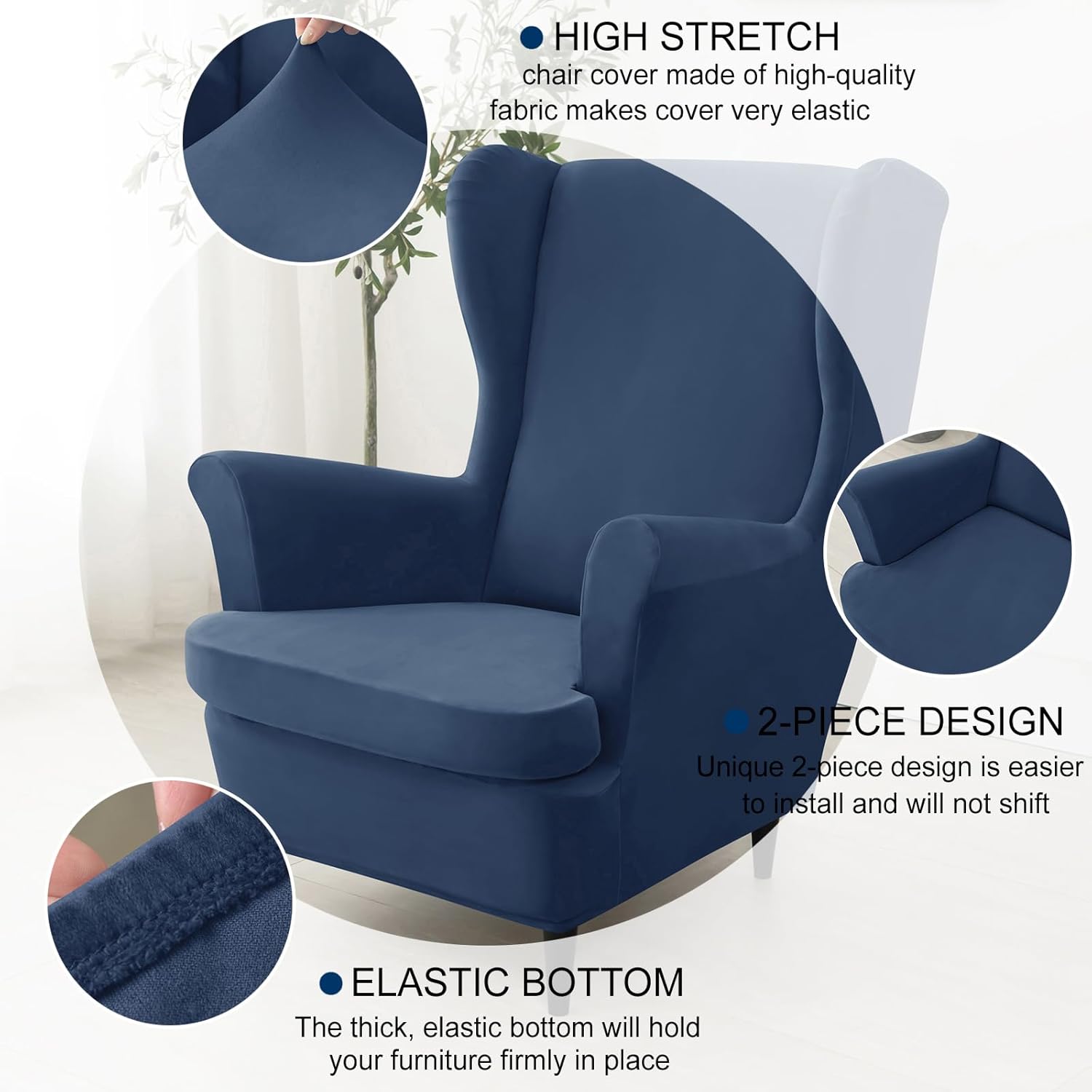 Stretch Wing Chair Cover Set, Velvet Wingback Chair Cover and Ottoman Cover Removable Wing Chair Slipcover Soft Footstool Slipcover for Living Room -Navy Blue-one Size