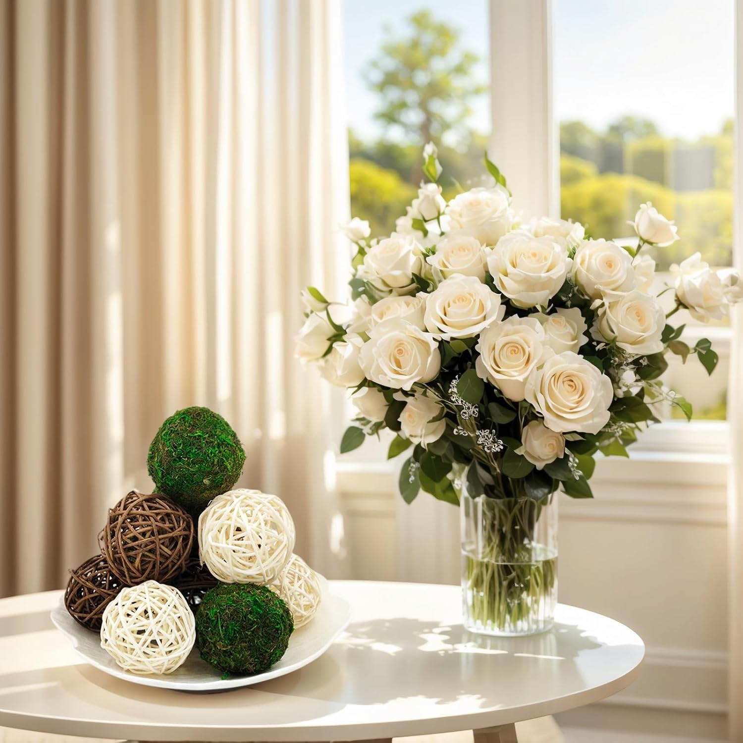 15pcs Decorative Balls for Vase Centerpiece Bowls Orbs Filler Table Decor, 2.4 in Wicker Rattan Balls and Moss Balls Set(Green + Brown + White)