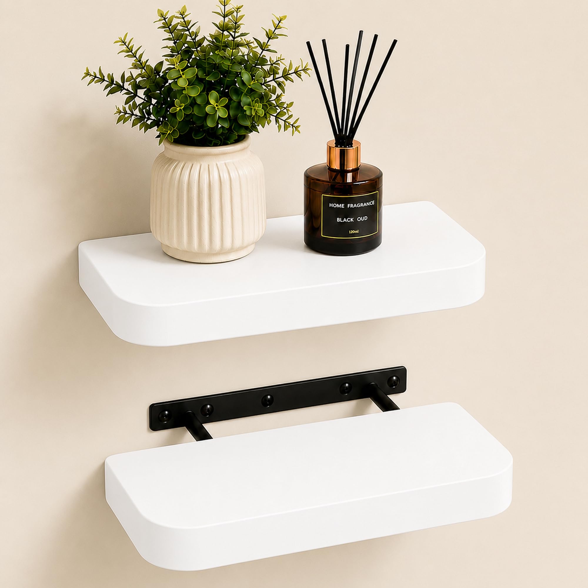 Innoteck Floating Shelves Wall Mounted Set of 2, 40cm Wooden Floating Shelves with Hidden Brackets, Rounded Edge Wall Shelves for Living Room, Bedroom, Bathroom, Kitchen Shelves (White)