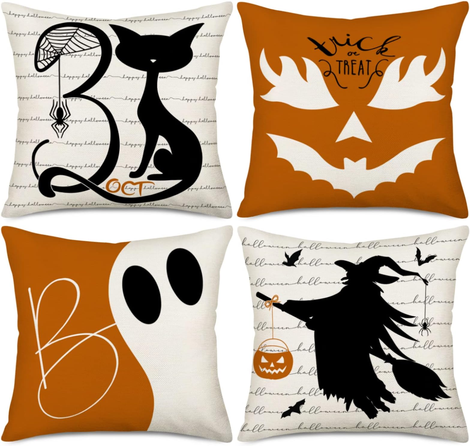 AsamourHalloween Decor Pillow Covers 18x18 Inch Set of 4 Trick or Treat Pumpkin Cat Bat Witch Boo Ghost Holiday Pillowcase Halloween Farmhouse Decor Throw Cushion Case Oct. 31 Fall Decorations