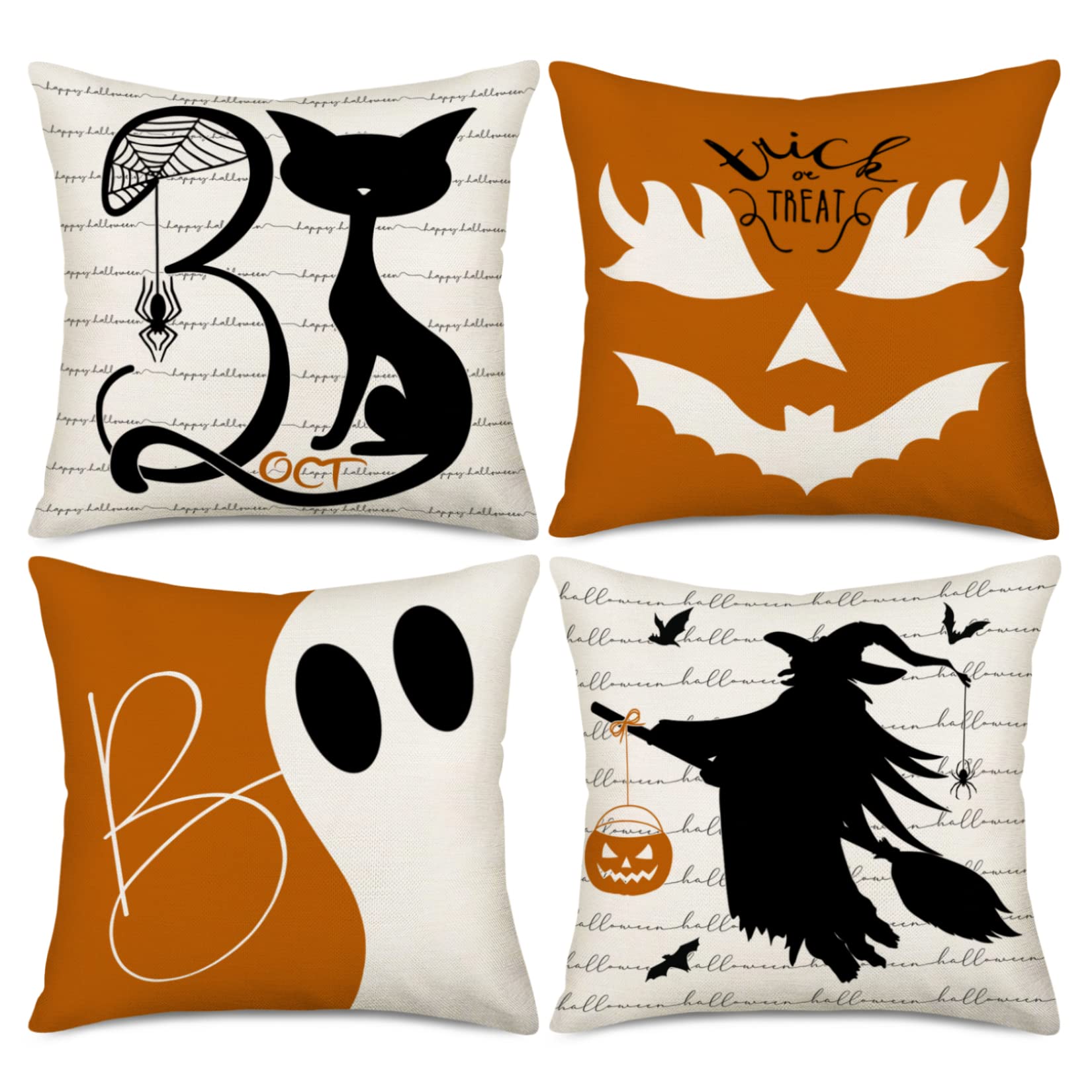 AsamourHalloween Decor Pillow Covers 18x18 Inch Set of 4 Trick or Treat Pumpkin Cat Bat Witch Boo Ghost Holiday Pillowcase Halloween Farmhouse Decor Throw Cushion Case Oct. 31 Fall Decorations