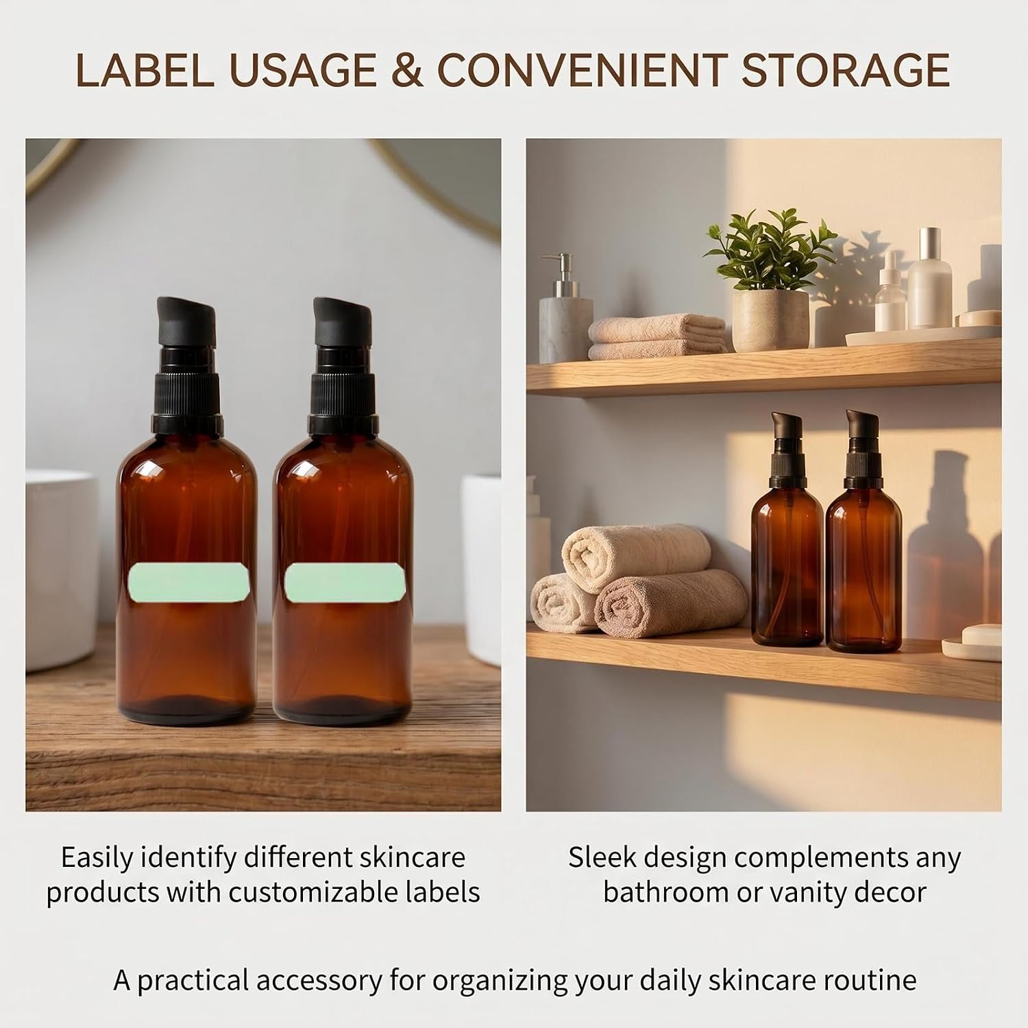 2 Pack 50ml/1.7oz Amber Empty Glass Lotion Pump Bottles with Black Pump & Classified Labels Stickers, Travel Size Refillable Skincare Dispensers for Essential Oils DIY Beauty