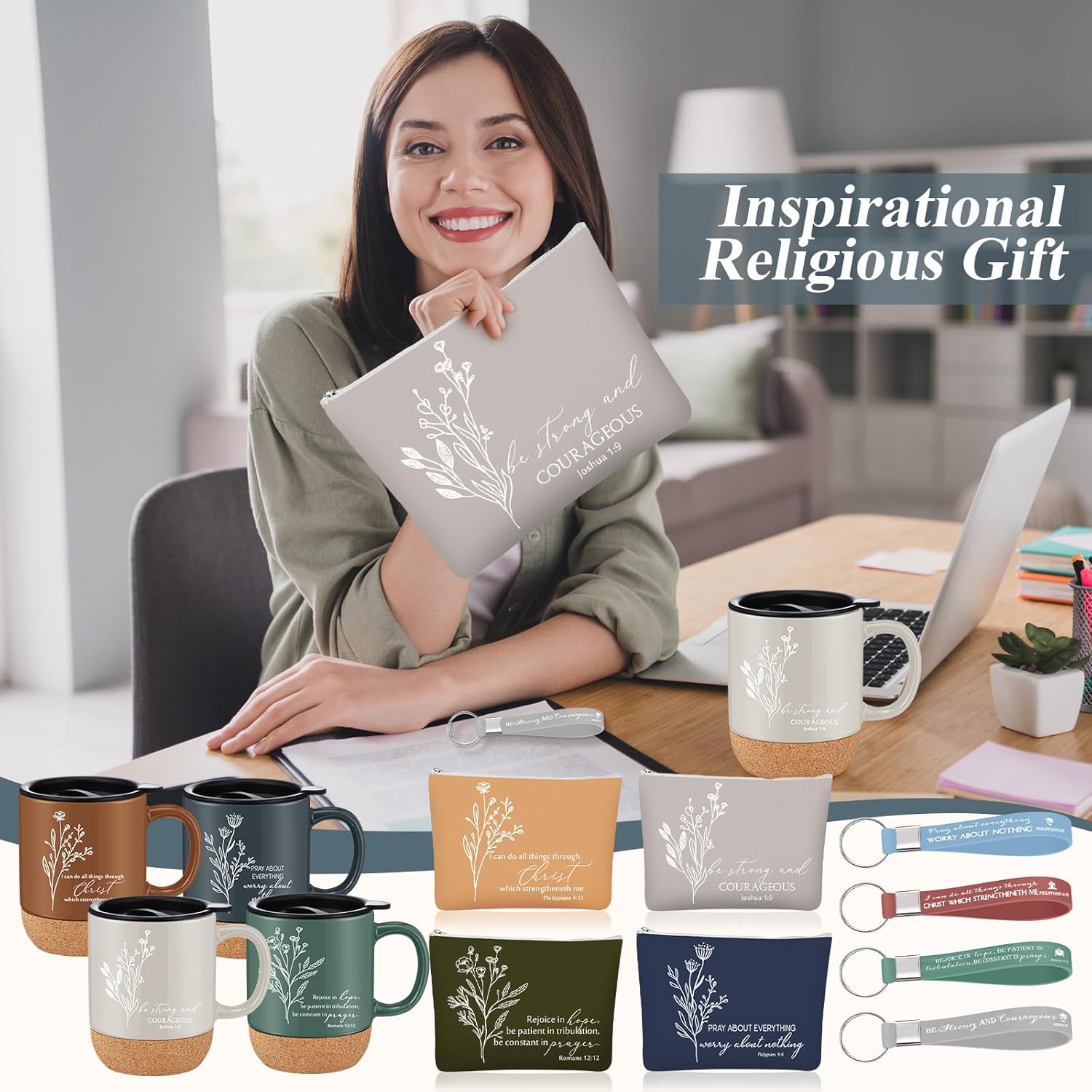 Baderke 12 Pcs Valentine Christian Gifts Set 13.5 oz Coffee Mug Cup Bible Verse Makeup Bag with Keychain Religious Church Clergy Appreciation Gifts for Pastor Nurse Women Wife Employee Sunday(Neutral) - Image 6