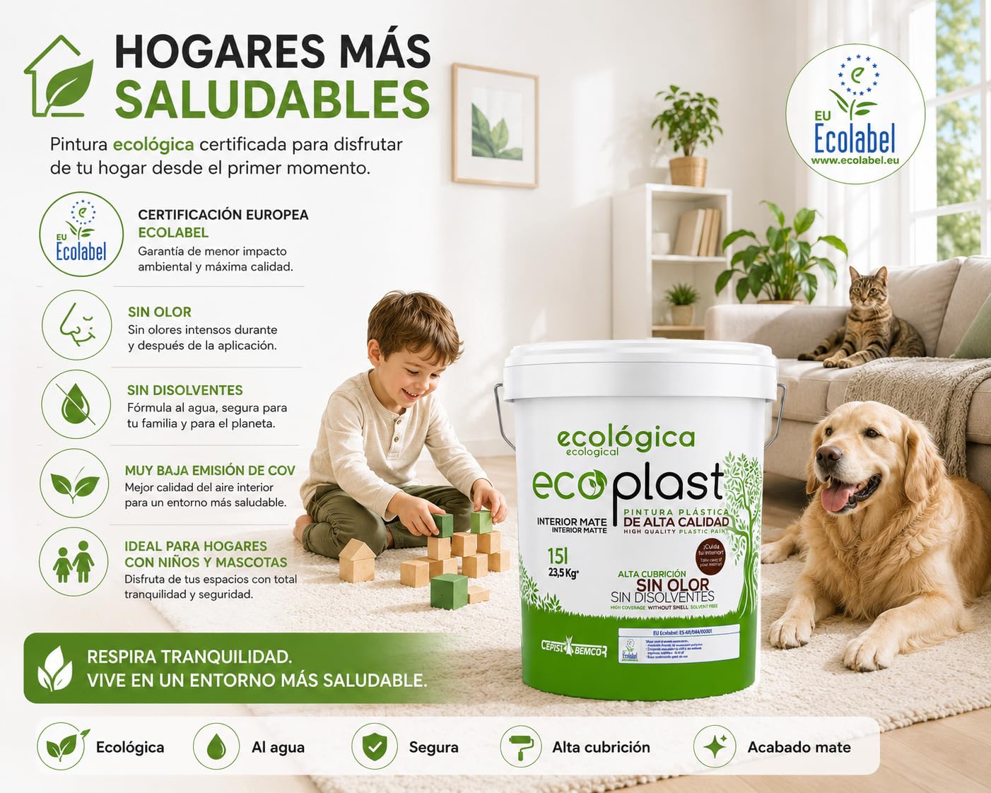 Ecoplast 15L Pintura Plástica Ecológica Interior Mate – Certificación Ecolabel Europea, Sin Olor, Sin Disolventes, Alta Cubrición, Lavable, Baja Emisión COV, Blanco Mate
