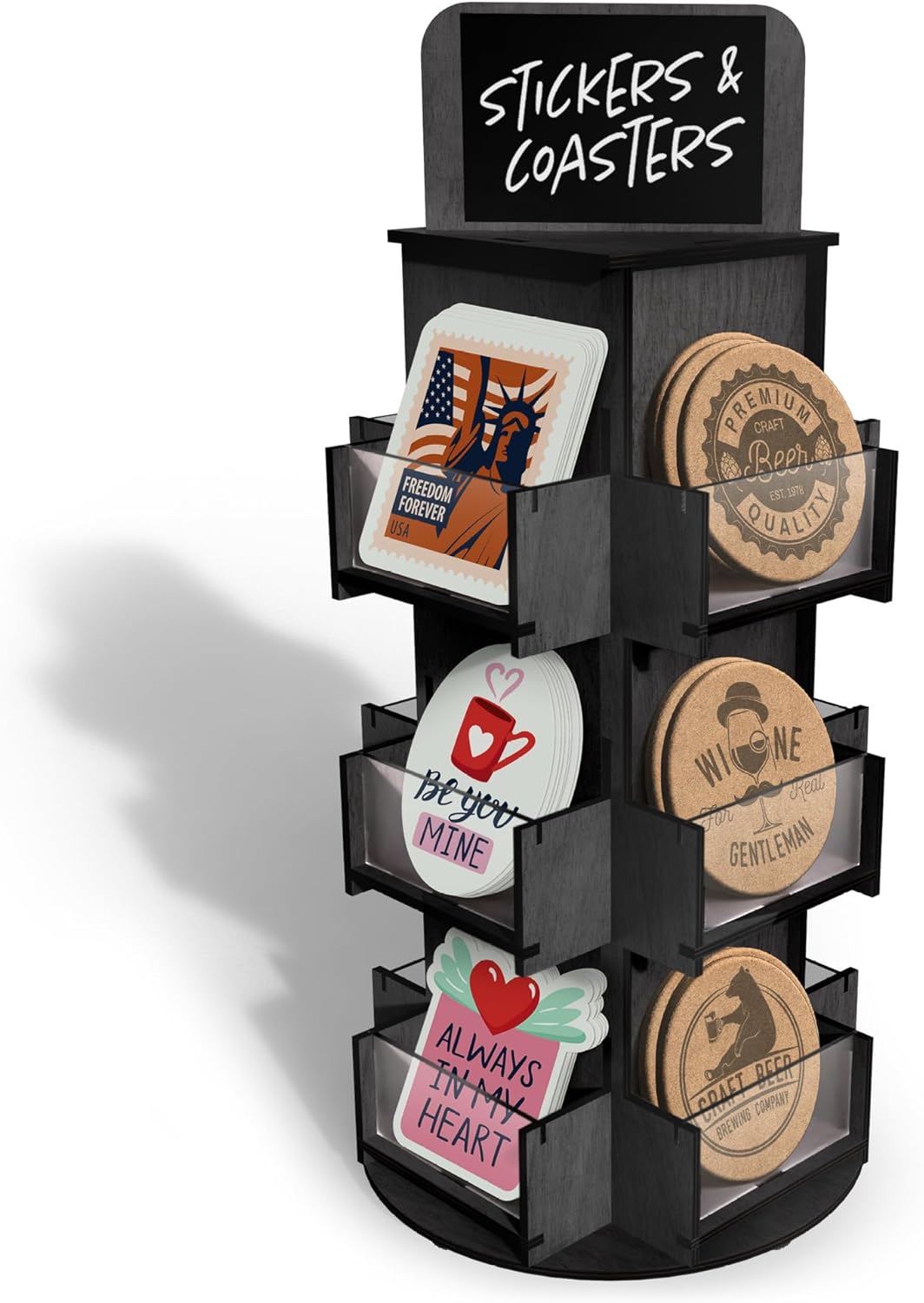 DS THE DISPLAY STORE 3 Tier Rotating Sticker Display Stand for Vendors, Black Wooden Countertop Organizer Shelf for Coasters, Retail, Showcase, Tradeshow
