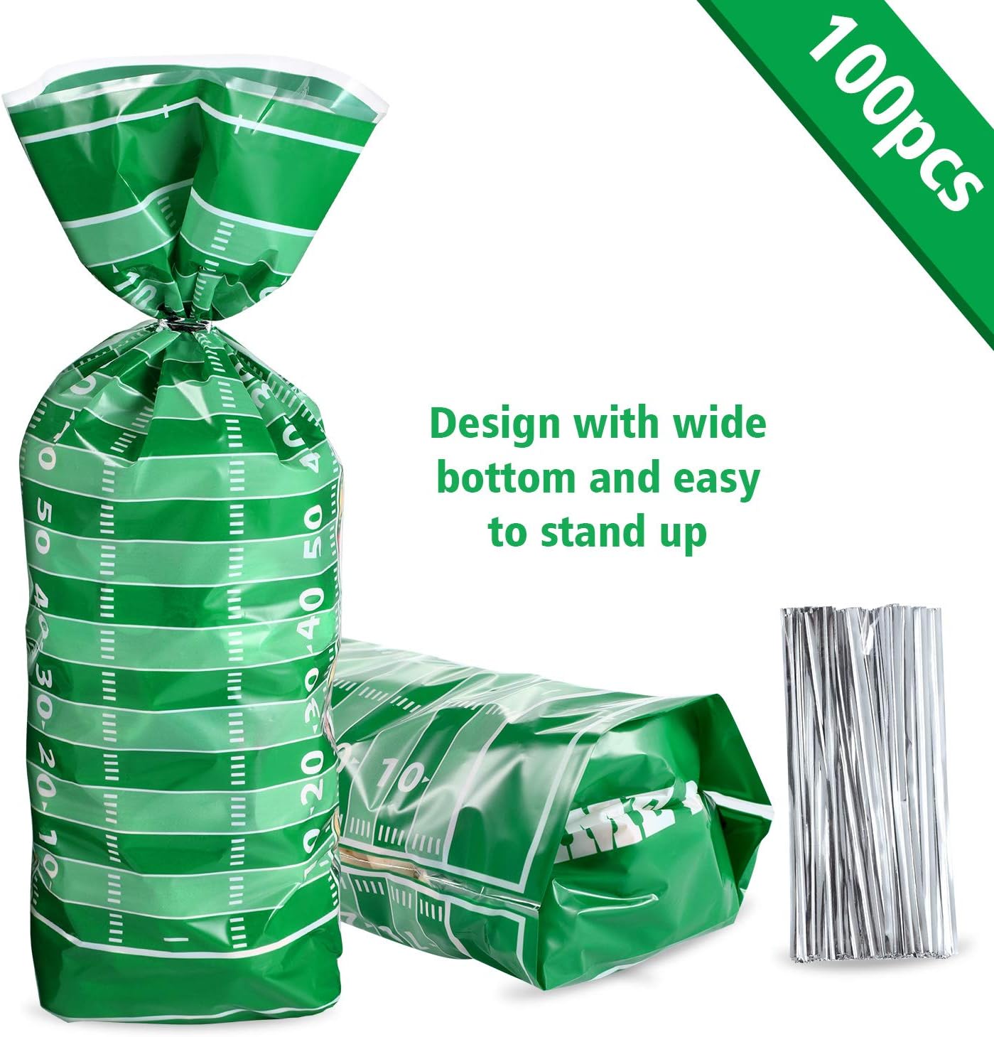 Blulu 100 Pcs Football Goodie Bags Football Cellophane Snack Bags Plastic Heat Sealable Candy Cellophane Treat with Silver Twist Ties Sports Party Favor for Foot Ball Theme Birthday Party Decorations - Image 2