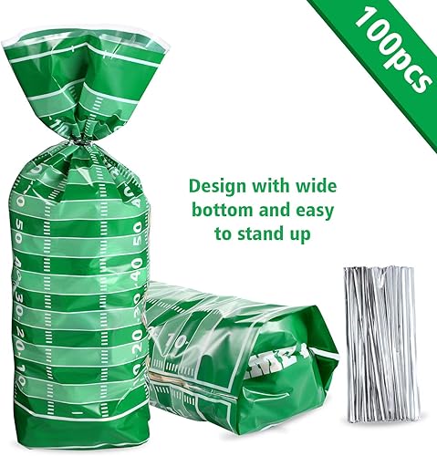 Miniatura 2 de Blulu 100 bolsas de golosinas de fútbol de celofán, bolsas de plástico sellables con calor de celofán con lazos plateados, recuerdos de fiesta