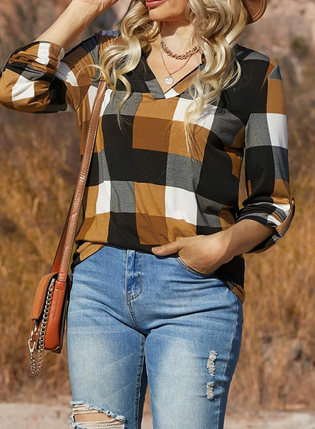  Womens Tops Plaid Cotton Cuffed 3/4 Sleeve Shirts Blouses thumbnail