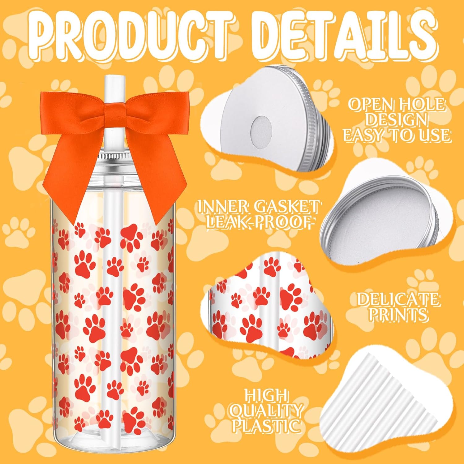 24 Sets Pup Party Cups 14 oz Dog Paw Plastic Tumblers with Lids Straws and Ribbon Bows Puppy Birthday Party Supplies Dog Themed Decorations Dogs Lover Gifts - Image 3