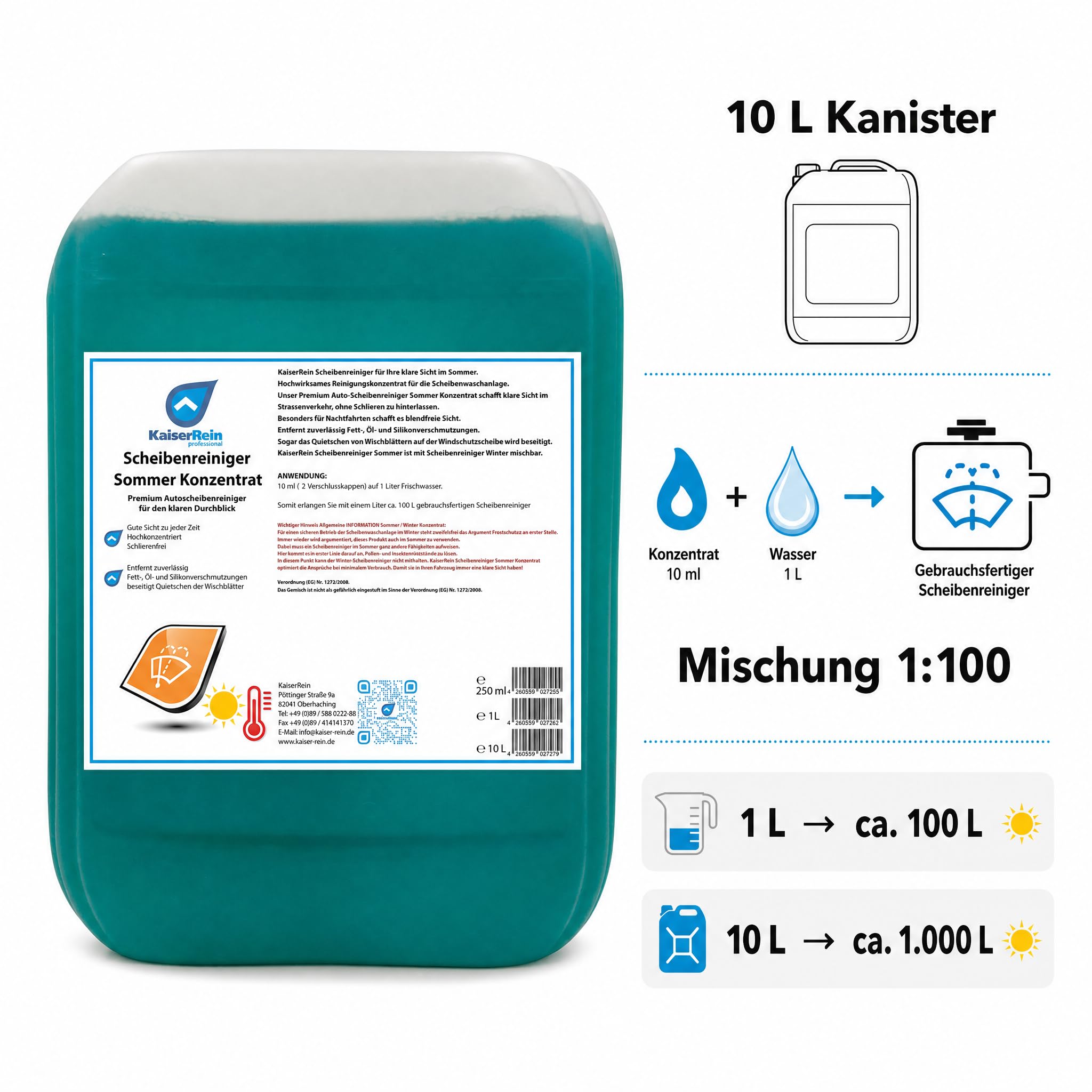 KaiserRein Scheibenreiniger Auto Sommer Konzentrat 10L Kanister Scheibenwischwasser Auto Wischwasser Sommer guter Geruch Autoscheibenreiniger