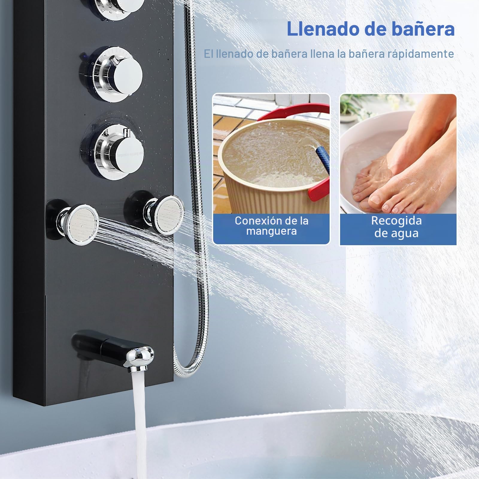 Panel de Ducha Negro LED Panel de Hidromasaje en Acero Inoxidable Con Ducha de Mano y Manguera de Baño Panel de Ducha Grifería Efecto Lluvia Masaje Set