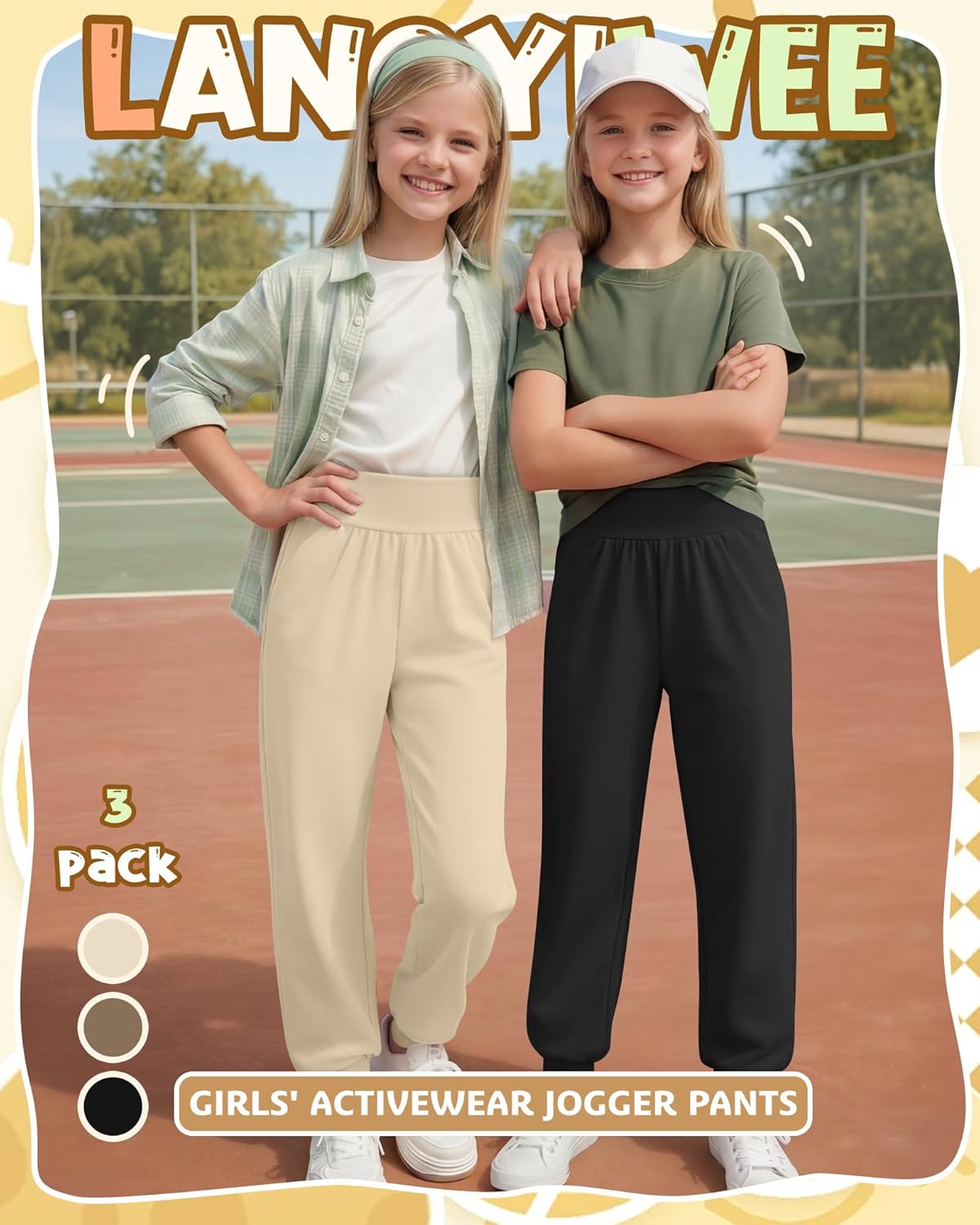 3 Pack Girls' Jogger Pants High Waisted Athletic Sweatpants for Kids Casual Soft Cuff Joggers Ages 5-14 - Image 6