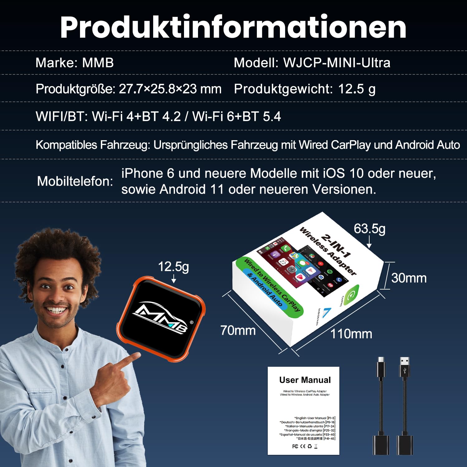 MMB Wireless CarPlay Adapter, kabelgebundenes Mühelos In kabelloses CarPlay um,Geeignet Für Fahrzeuge Mit CarPlay, kompatibel mit iPhone iOS 10+ und Android Auto, Mini & Stabiler Adapter (orange)