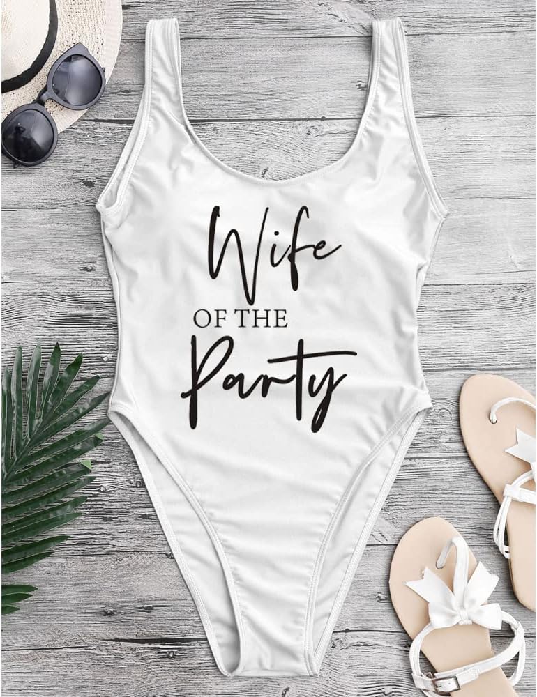 MUZHI Bride Retro One Piece Swimsuit Wifey Squad Swimwear Removable Pad Bathing Suit for Bridal Party Gift